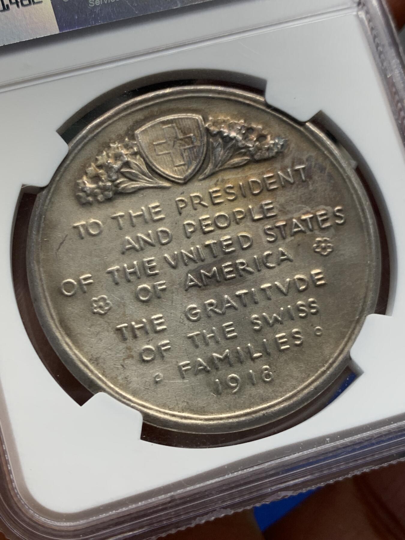 《竞宝斋》第454场 周日，周一 2场连拍 （全场包邮，欢迎送拍） NGC MS63 瑞士1918年一战感谢美国粮食援助纪念银章 原味包浆 磨砂质感 难得好品好状态