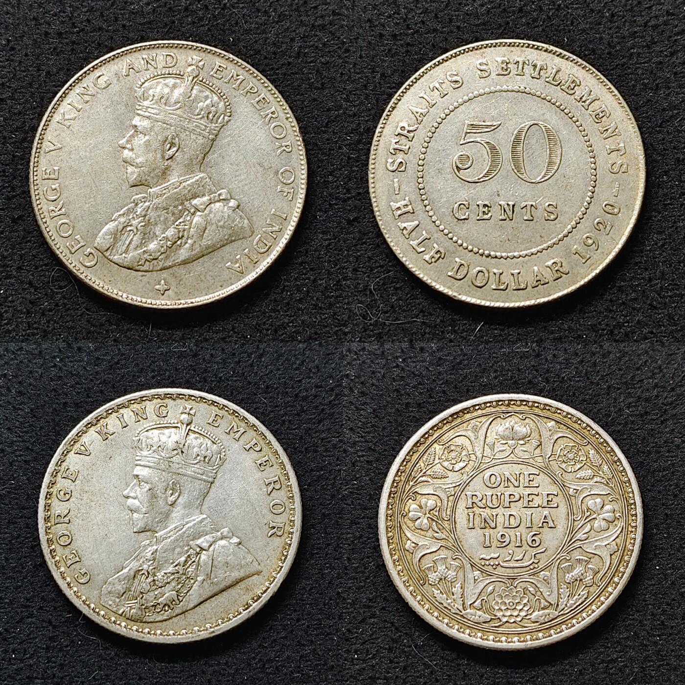 【全场包邮】纯粹捡漏拍493场 英属殖民地1916-1920年乔治五世时期银币2枚一组-海峡1920年50分+印度1916年1卢比【8.42克+11.66克，纯银价约268元（按18元银价折算）】