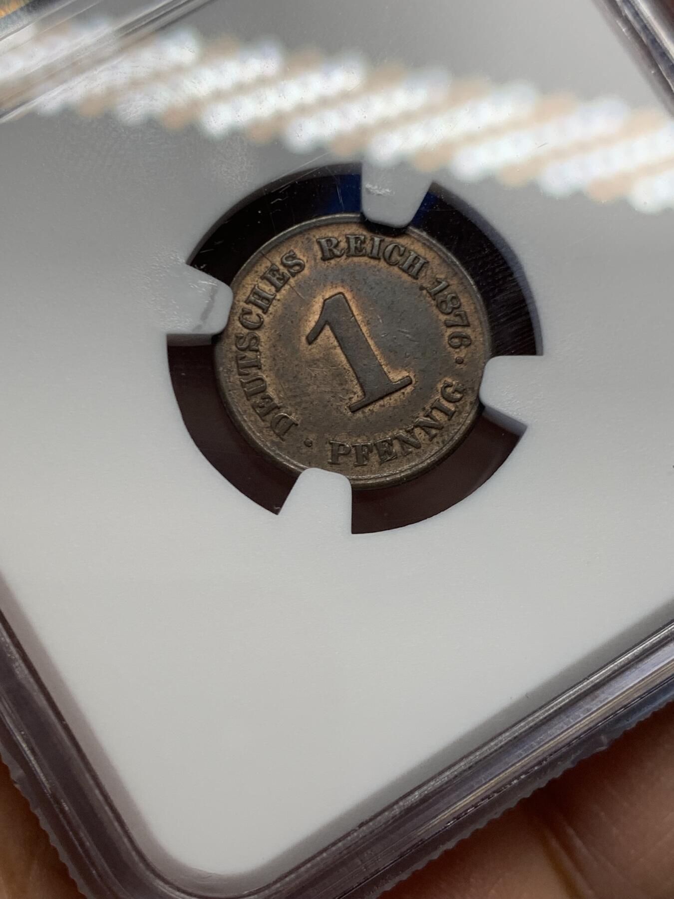 《竞宝斋》第454场 周日，周一 2场连拍 （全场包邮，欢迎送拍） NGC AU58BN 德国普鲁士 1876年 1芬尼 铜币 盒子角上有磕