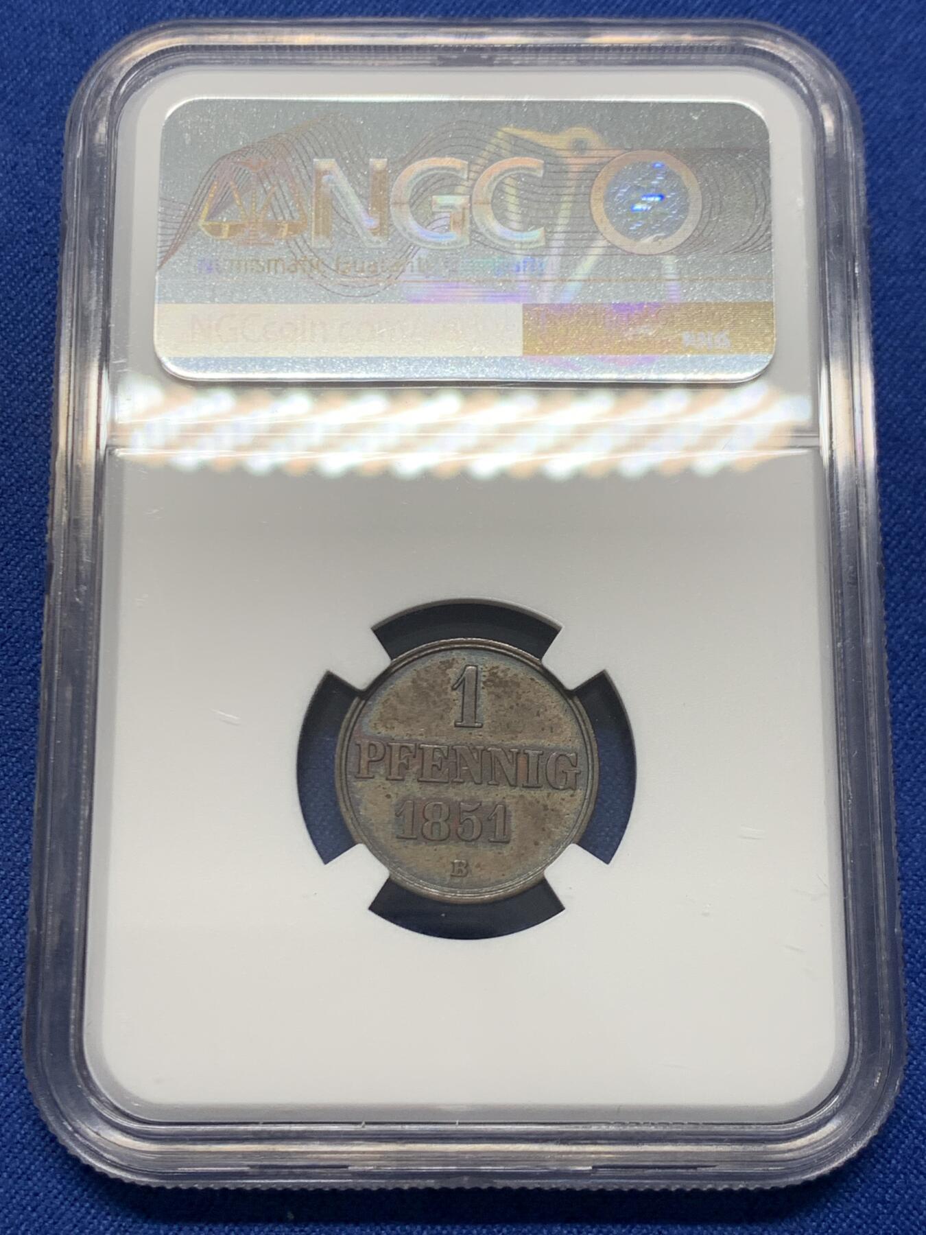 《竞宝斋》第454场 周日，周一 2场连拍 （全场包邮，欢迎送拍） NGC AU55BN 德国汉诺威 1851年1芬尼 铜币