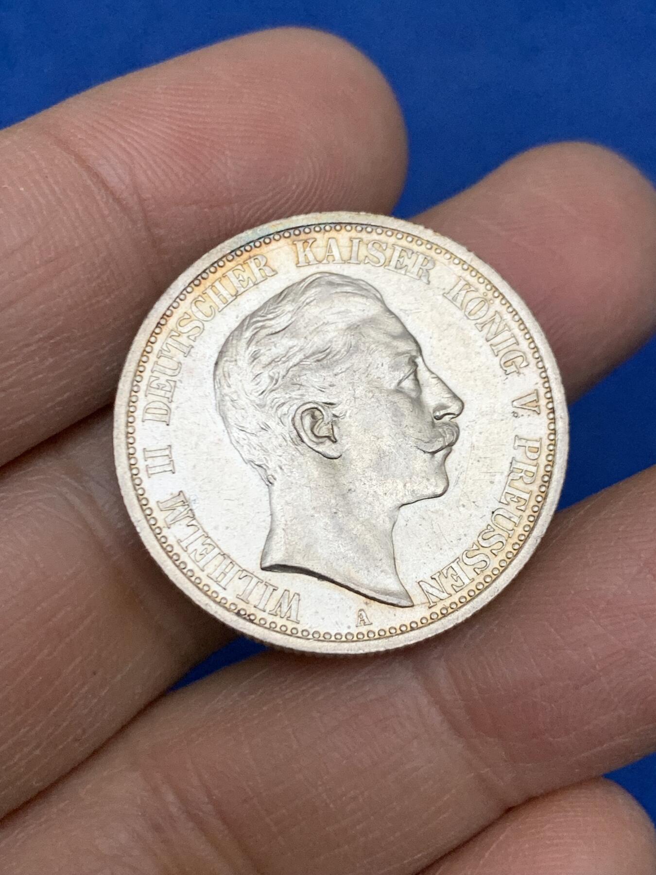 《竞宝斋》第454场 周日，周一 2场连拍 （全场包邮，欢迎送拍） 德国1907年威廉二世2马克 转光好品