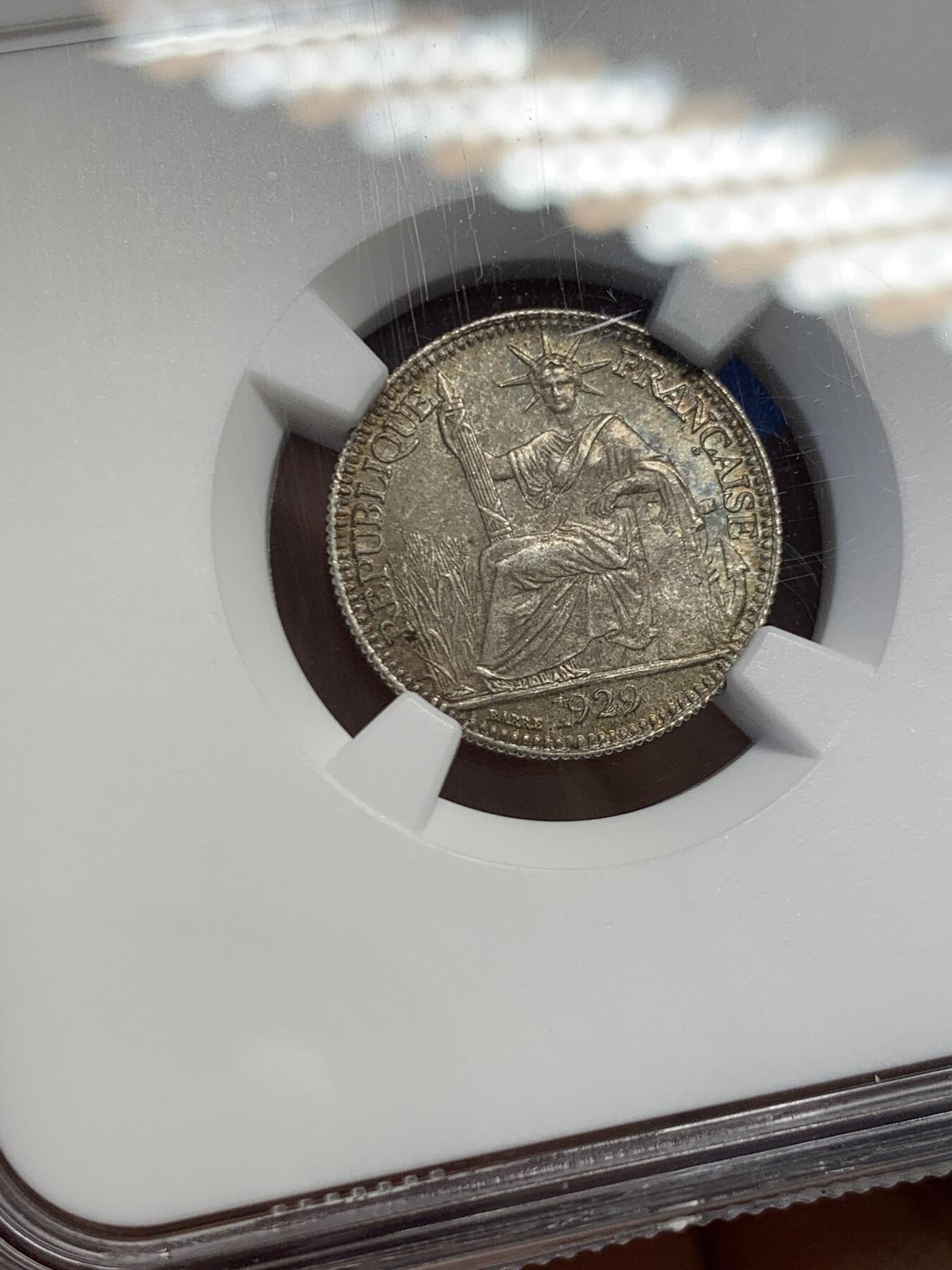 《竞宝斋》第454场 周日，周一 2场连拍 （全场包邮，欢迎送拍） NGC MS63 法属印支1929年A版坐洋10分银币