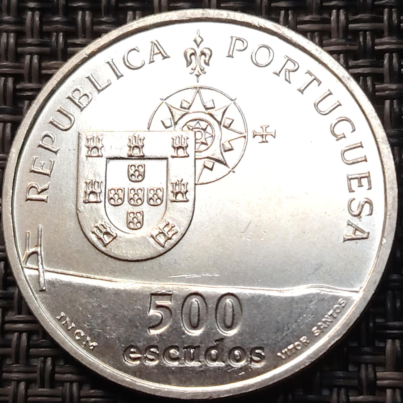 布加迪🐬～世界钱币(上海)🌾第 268 期 /  各国套币和散币 葡萄牙🇵🇹 1998年 500埃斯库多纪念银币 达伽马大桥 航海罗盘 14克