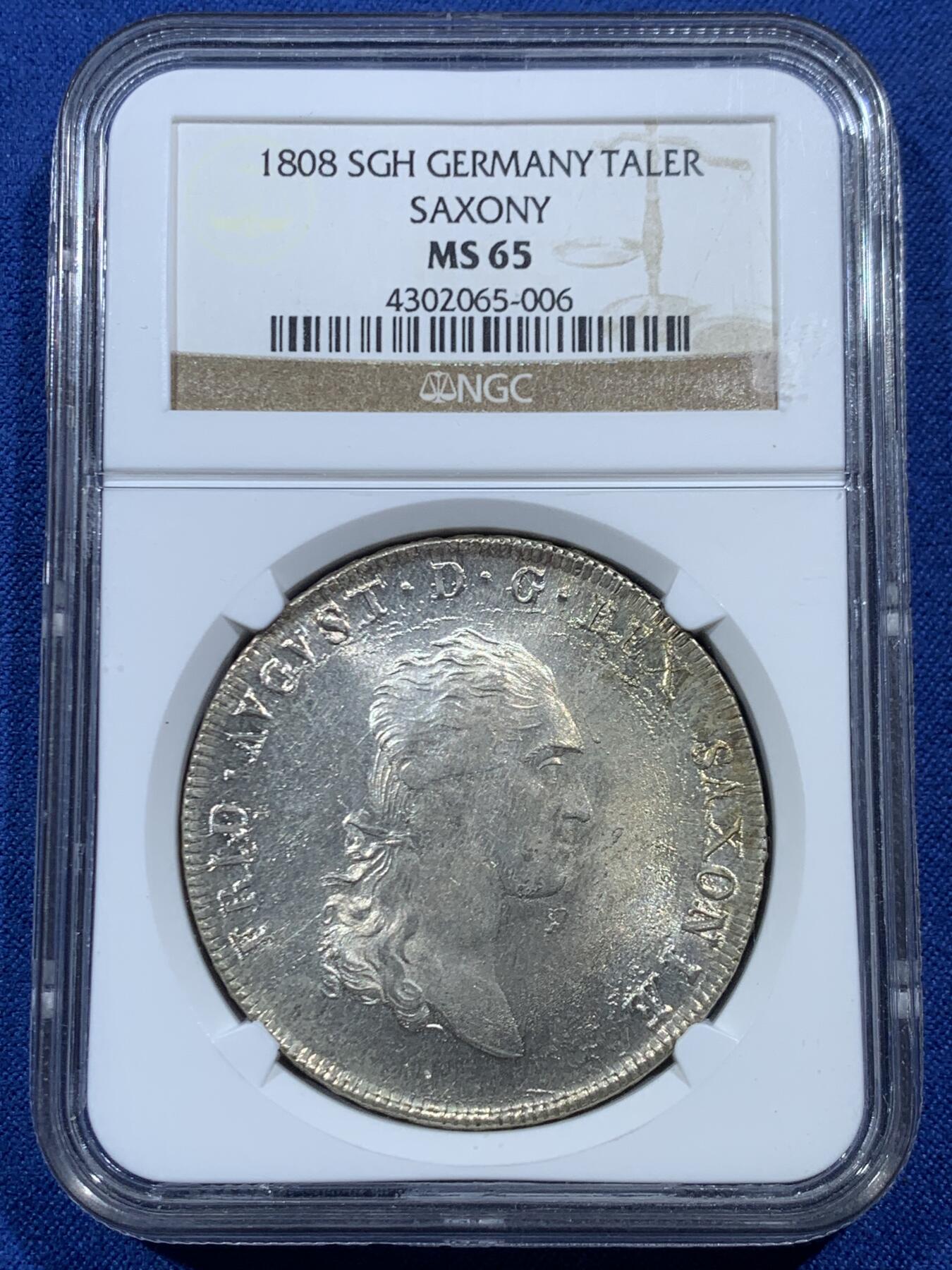 《竞宝斋》第454场 周日，周一 2场连拍 （全场包邮，欢迎送拍） 唯一冠军分 NGC MS65 德国 1808年 萨克森王国 奥古斯特一世 泰勒大银币 顶级状态