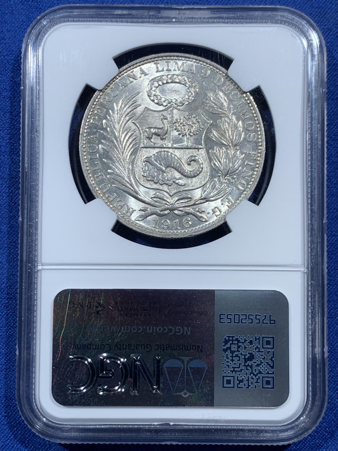 《竞宝斋》第454场 周日，周一 2场连拍 （全场包邮，欢迎送拍） NGC MS62 秘鲁1916年坐人女神1索尔银币 INCUSE版别较少 早期900高银版 白净底板  非常值得入手