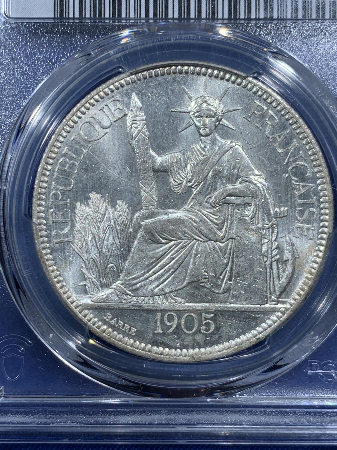 《竞宝斋》第454场 周日，周一 2场连拍 （全场包邮，欢迎送拍） PCGS UNCD 法属印支1905年坐洋1皮阿斯特银币