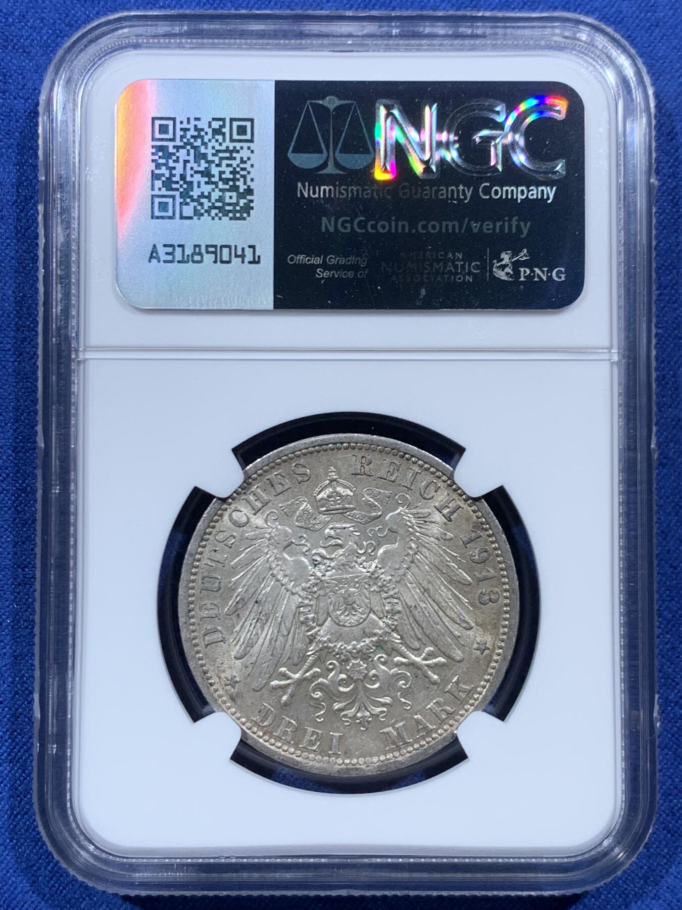 《竞宝斋》第454场 周日，周一 2场连拍 （全场包邮，欢迎送拍） NGC MS63 德国1913年普鲁士威廉二世军装3马克银币