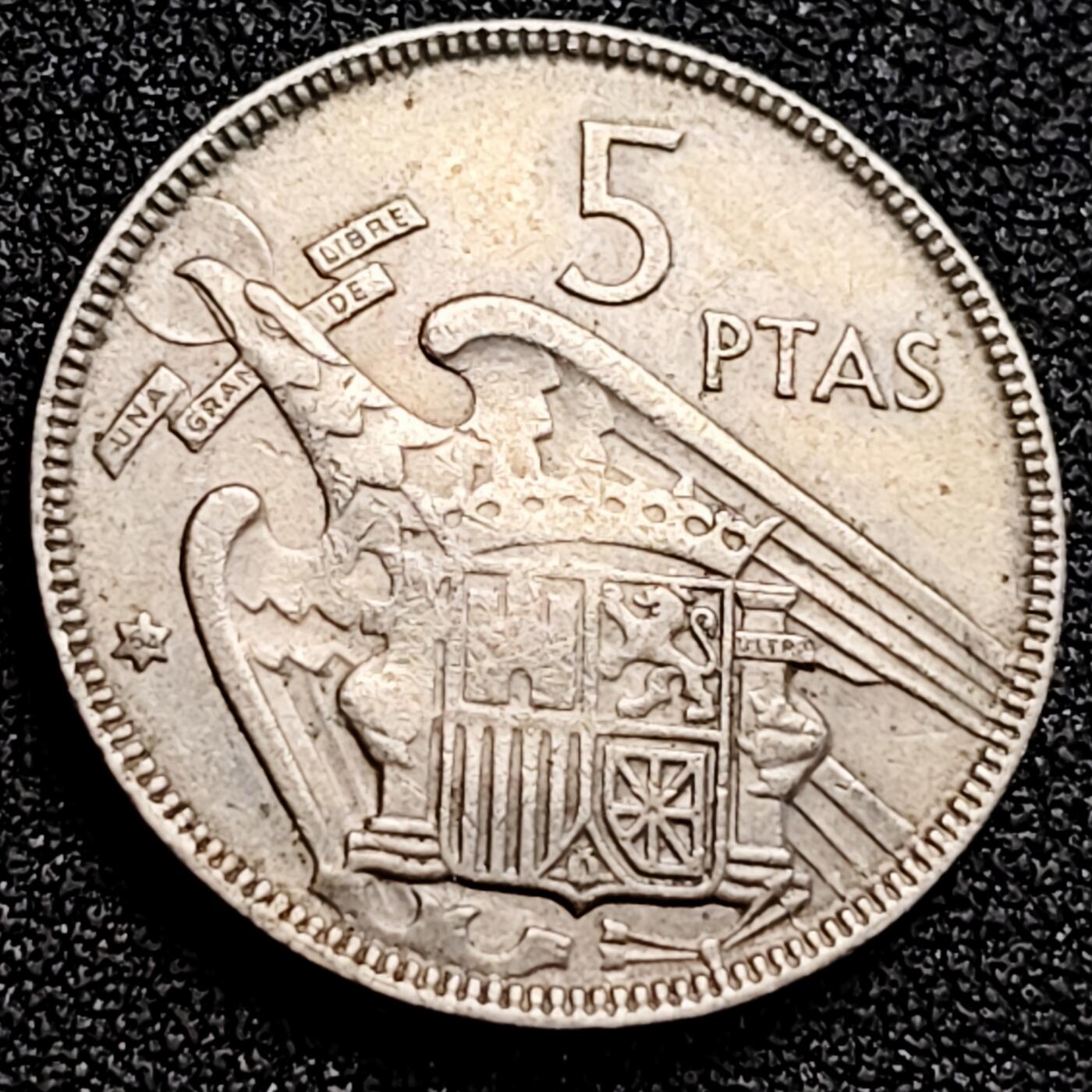 泉币菌-第162场- 新年第五场 精品福利场 西班牙5比塞塔 鹰 独裁者佛朗哥 铜镍币23mm