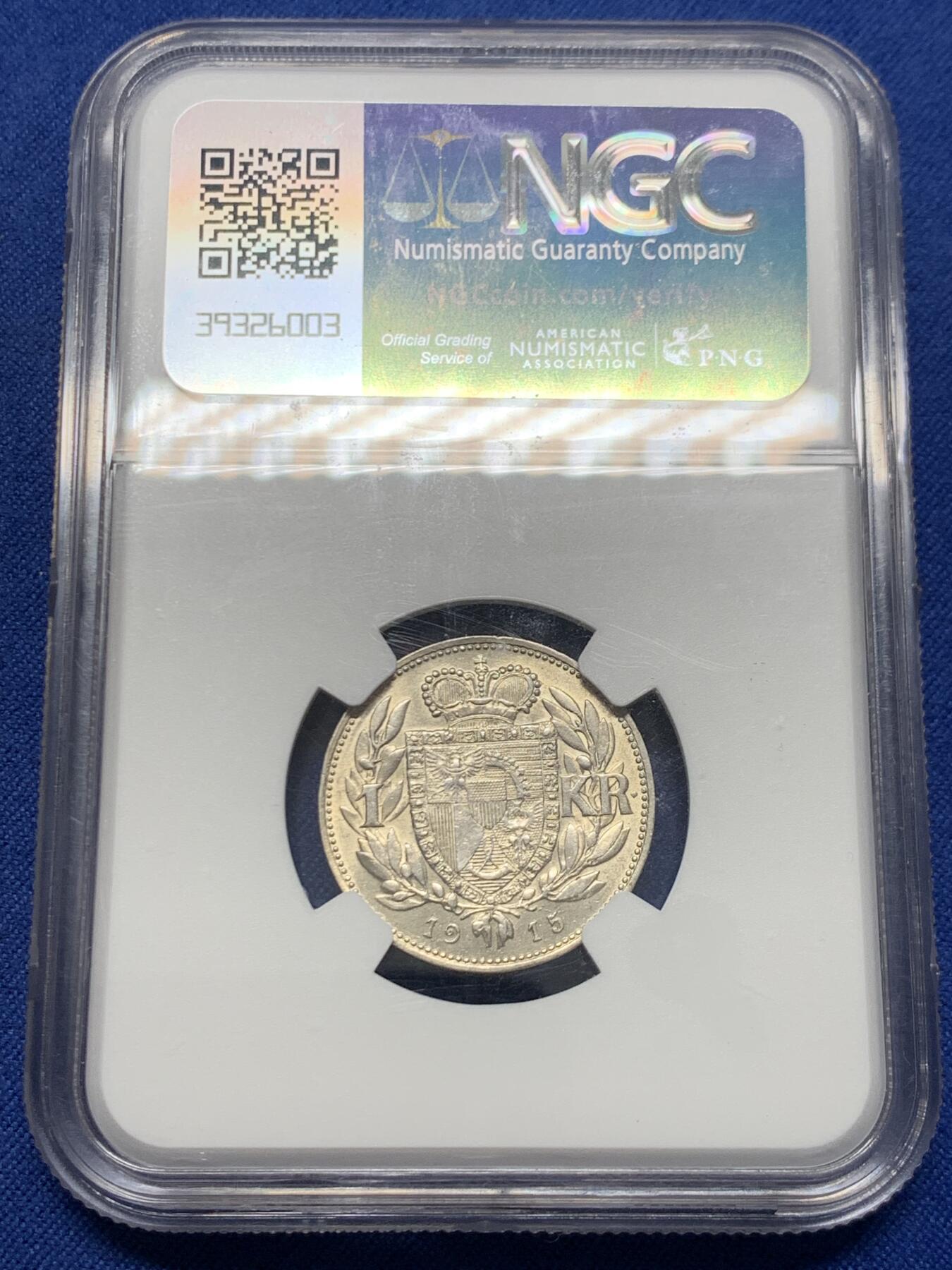 《竞宝斋》第454场 周日，周一 2场连拍 （全场包邮，欢迎送拍） NGC UNC 列支登士登 1915年 约翰二世 1克朗银币 发行量75000枚 品相不错