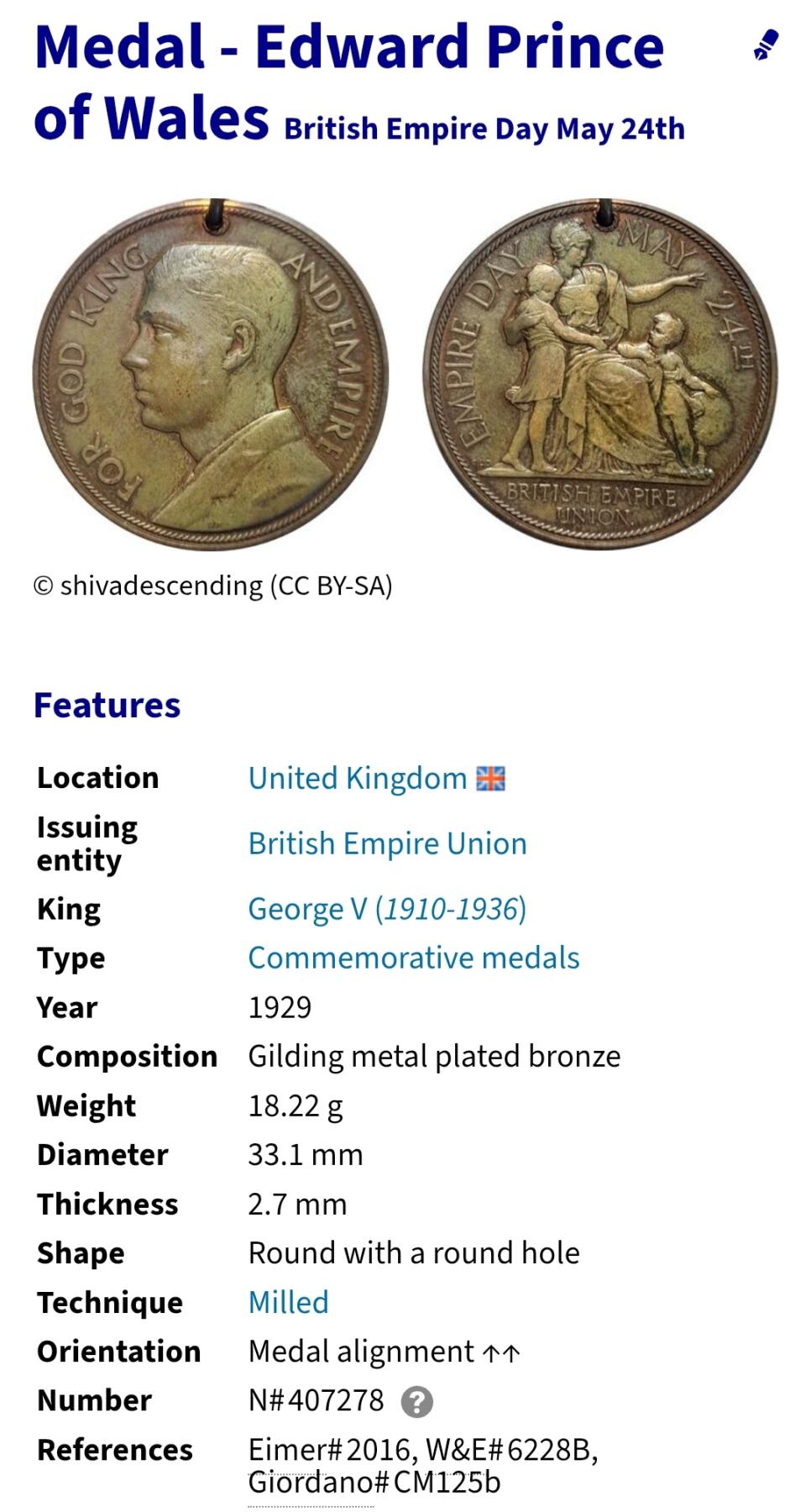 2026年第三场(总第一百七十二场）外国好品散币场(免佣金) 稀少品种–英国🇬🇧1929年纪念章，青铜镀金材质，直径33毫米，厚2.7毫米，重18.24克(5月24日大英帝国日纪念章，头像为威尔士亲王爱德华暨后来的爱德华八世。)