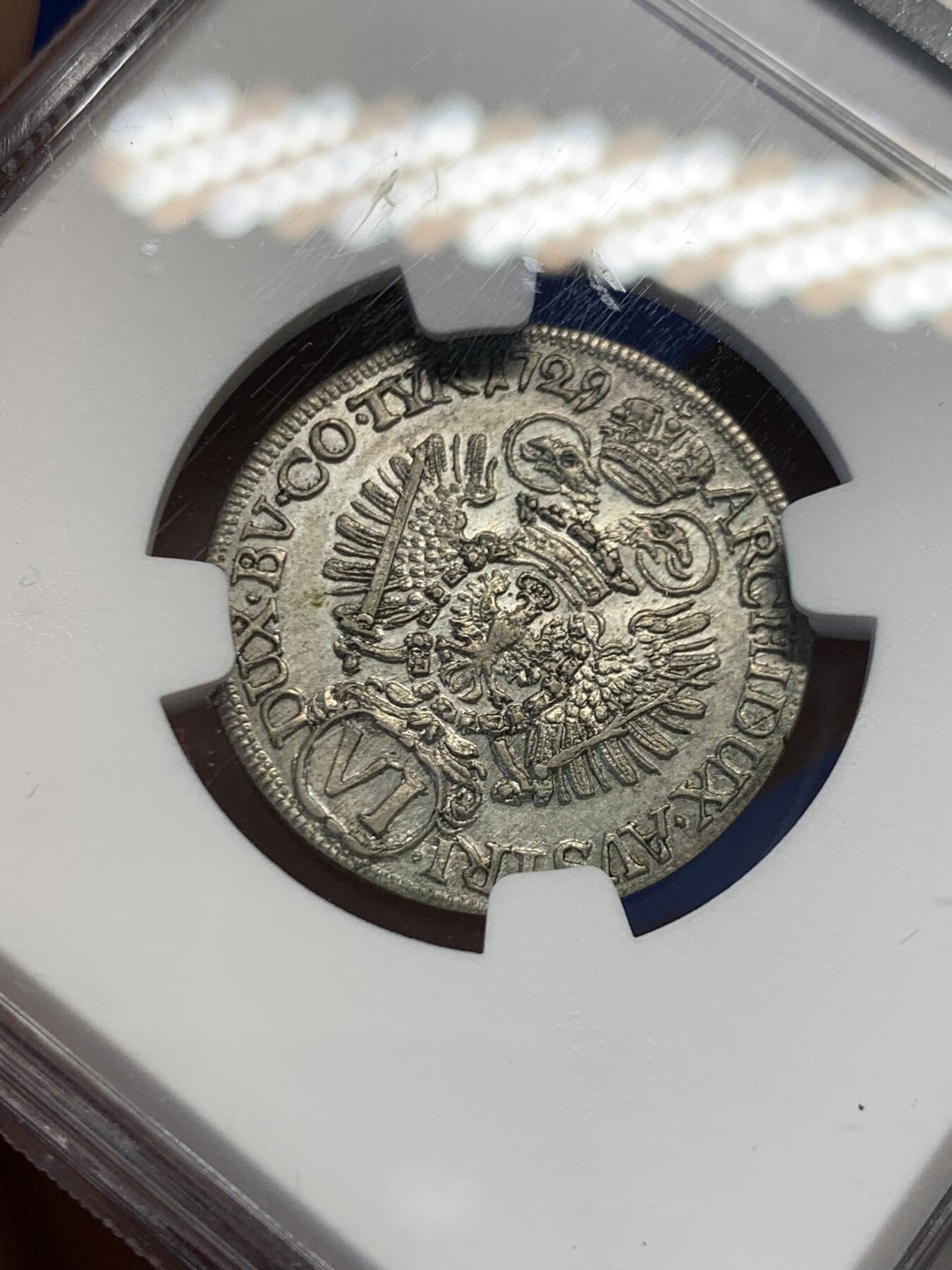 《竞宝斋》第454场 周日，周一 2场连拍 （全场包邮，欢迎送拍） NGC AU58 神圣罗马帝国 1729年 奥地利卡尔六世 6克鲁泽银币 辅币好品比起泰勒更为难得