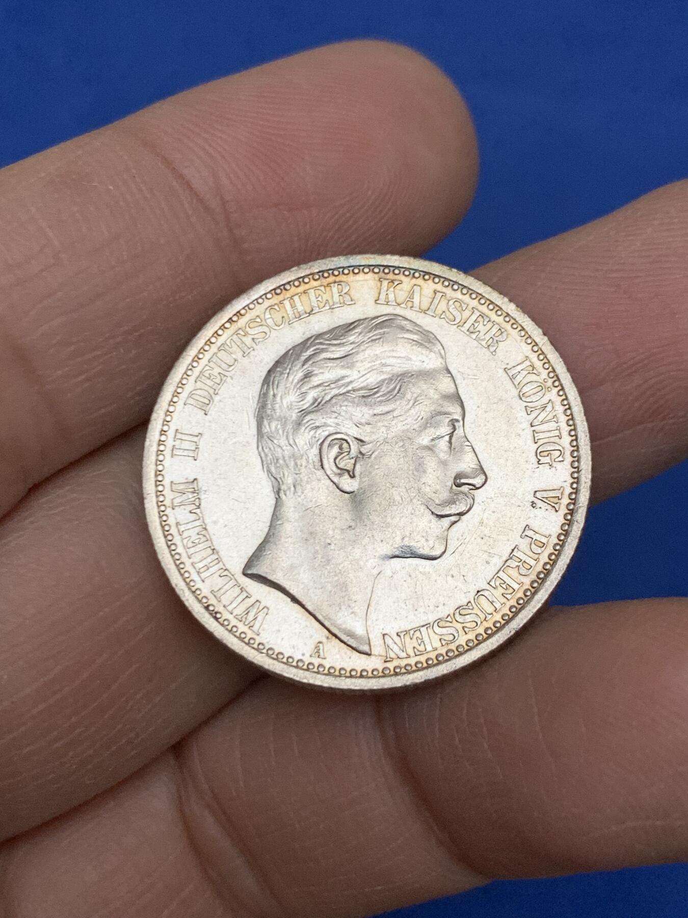 《竞宝斋》第454场 周日，周一 2场连拍 （全场包邮，欢迎送拍） 德国1907年威廉二世2马克 转光好品