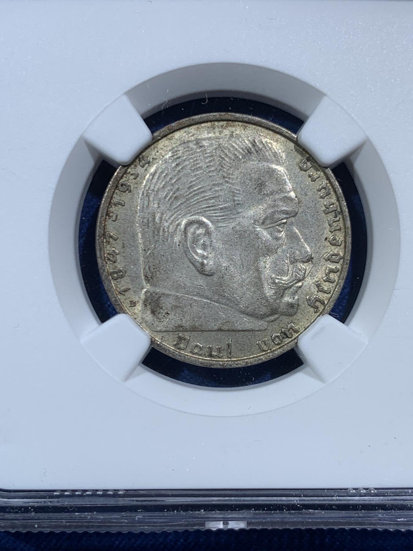 《竞宝斋》第454场 周日，周一 2场连拍 （全场包邮，欢迎送拍） NGC MS63 德国1938B兴登堡加字二马克，原光好品