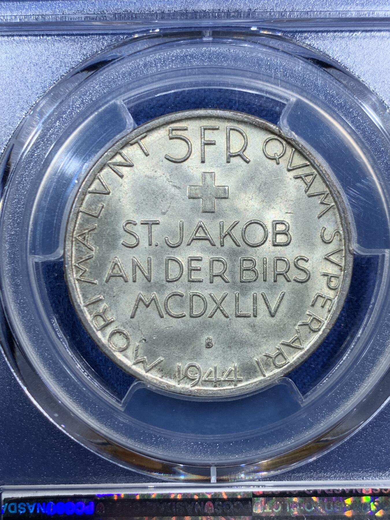 《竞宝斋》第454场 周日，周一 2场连拍 （全场包邮，欢迎送拍） PCGS MS64 瑞士 1944B 5法郎纪念银币