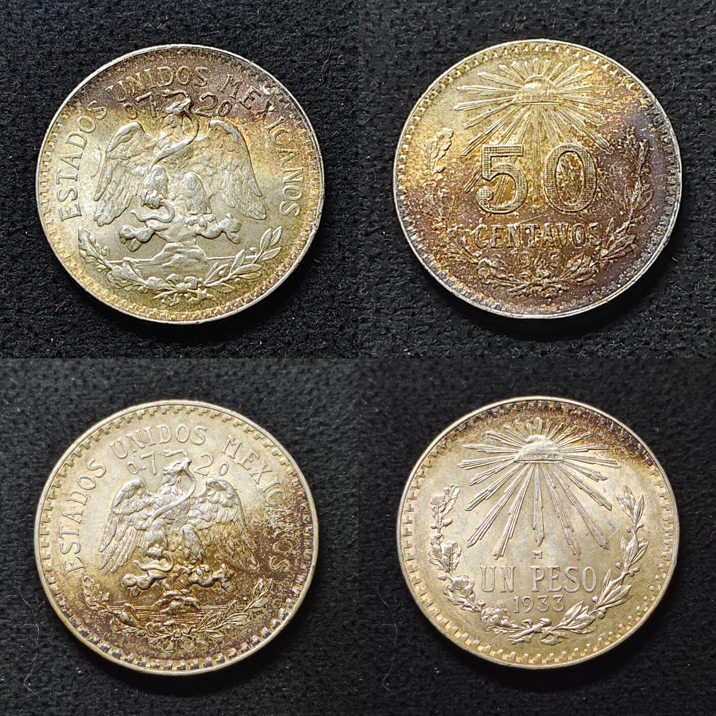 【全场包邮】纯粹捡漏拍493场 墨西哥1933-1943年咬蛇鹰版50分-1比索银币2枚一组【8.33克+16.66克，纯银价约324元（按18元银价折算）】