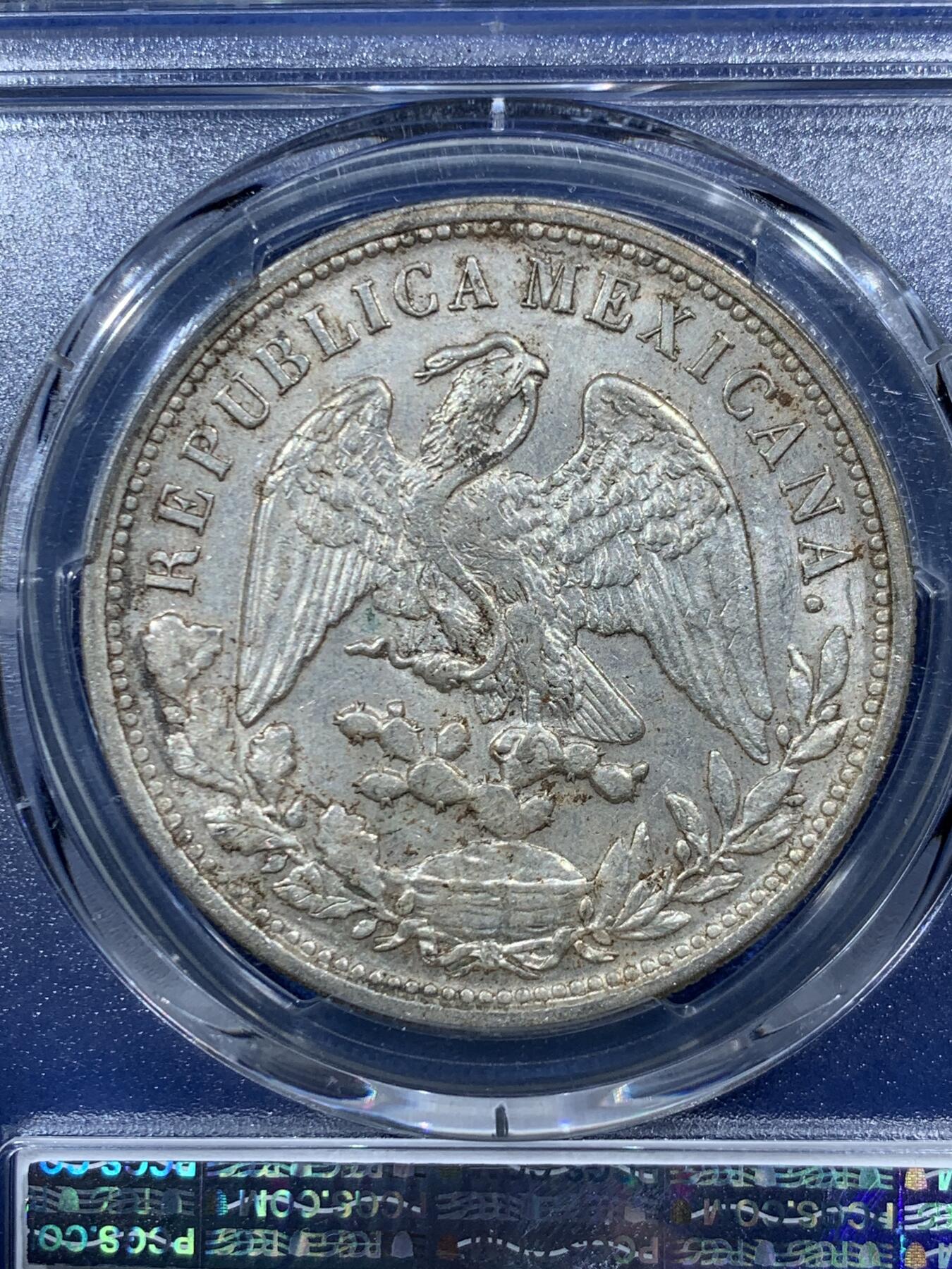 《竞宝斋》第454场 周日，周一 2场连拍 （全场包邮，欢迎送拍） PCGS AU58 墨西哥1898 MO AM 鹰洋1比索银币 后铸版