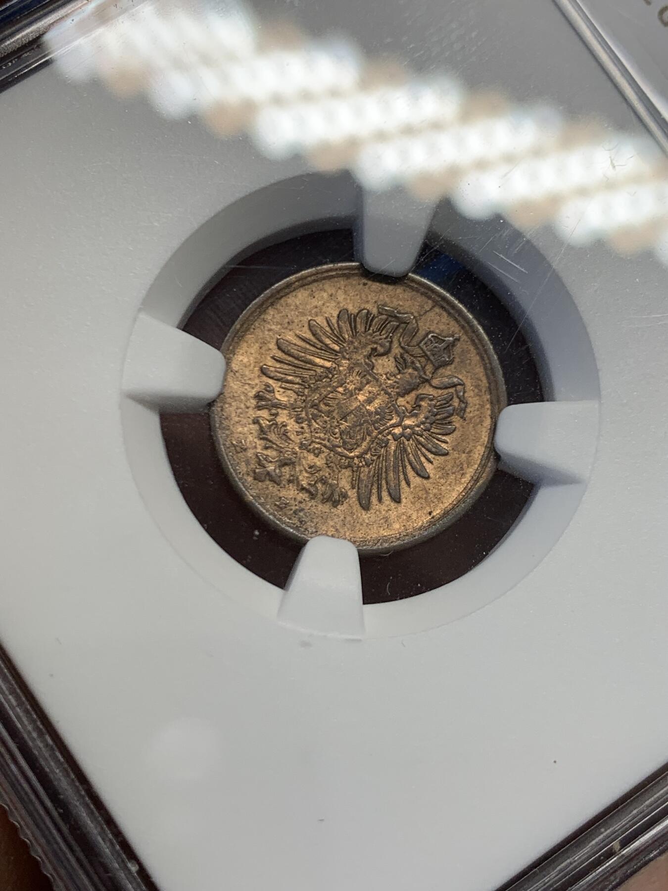 《竞宝斋》第454场 周日，周一 2场连拍 （全场包邮，欢迎送拍） NGC AU58BN 德国普鲁士 1876年 1芬尼 铜币 盒子角上有磕