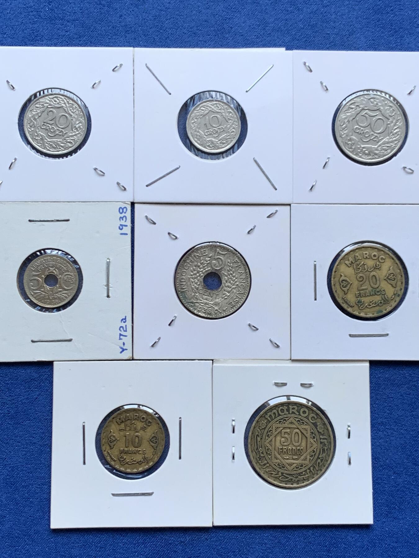 《竞宝斋》第454场 周日，周一 2场连拍 （全场包邮，欢迎送拍） 八枚一组 波兰钱币3枚，摩洛哥钱币3枚和法国钱币2枚