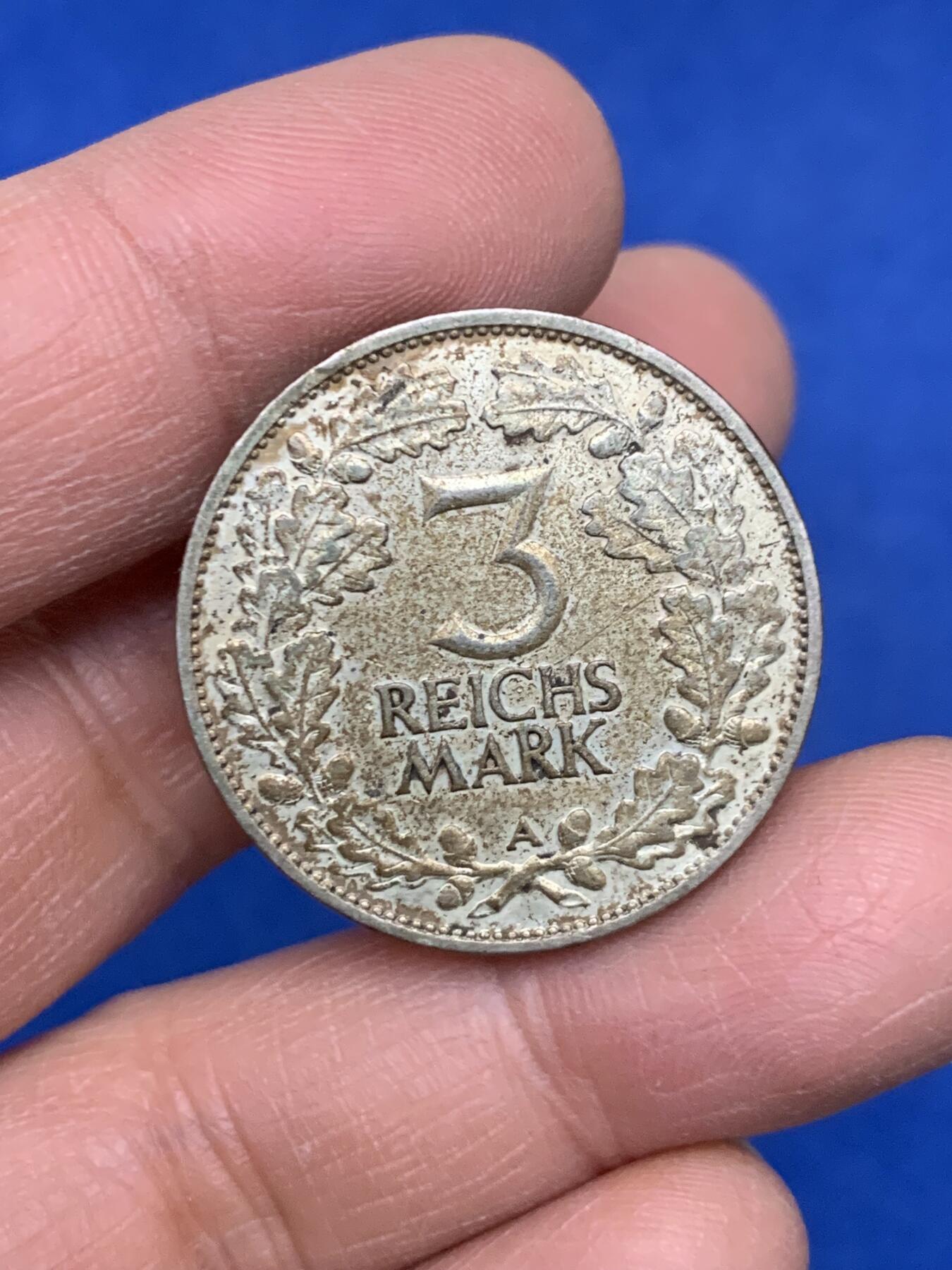 《竞宝斋》第454场 周日，周一 2场连拍 （全场包邮，欢迎送拍） 德国魏玛共和国1925年A版魏玛莱茵千年3马克银币