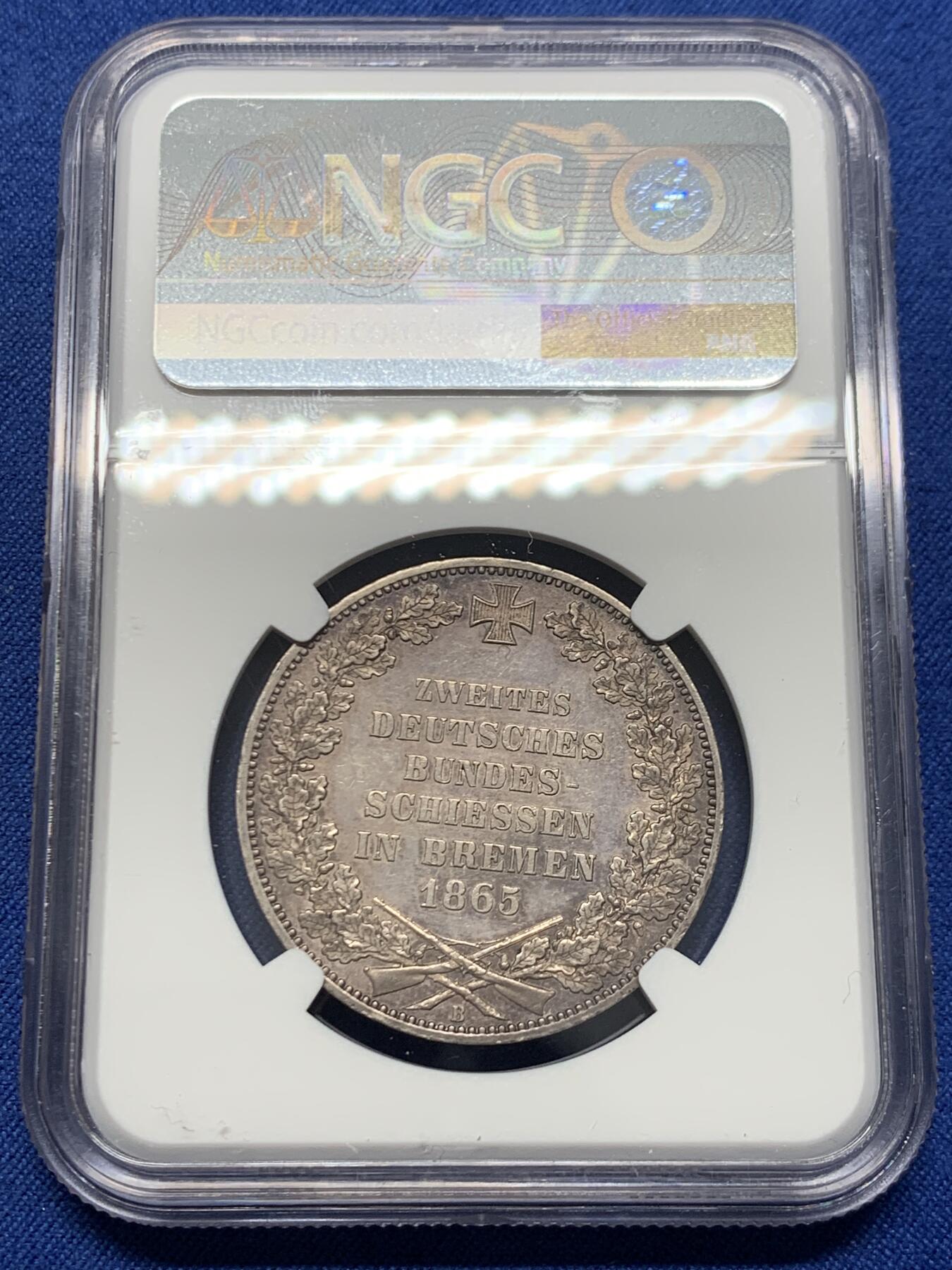 《竞宝斋》第454场 周日，周一 2场连拍 （全场包邮，欢迎送拍） NGC MS61 德国 1865年 不莱梅 射击节纪念1泰勒