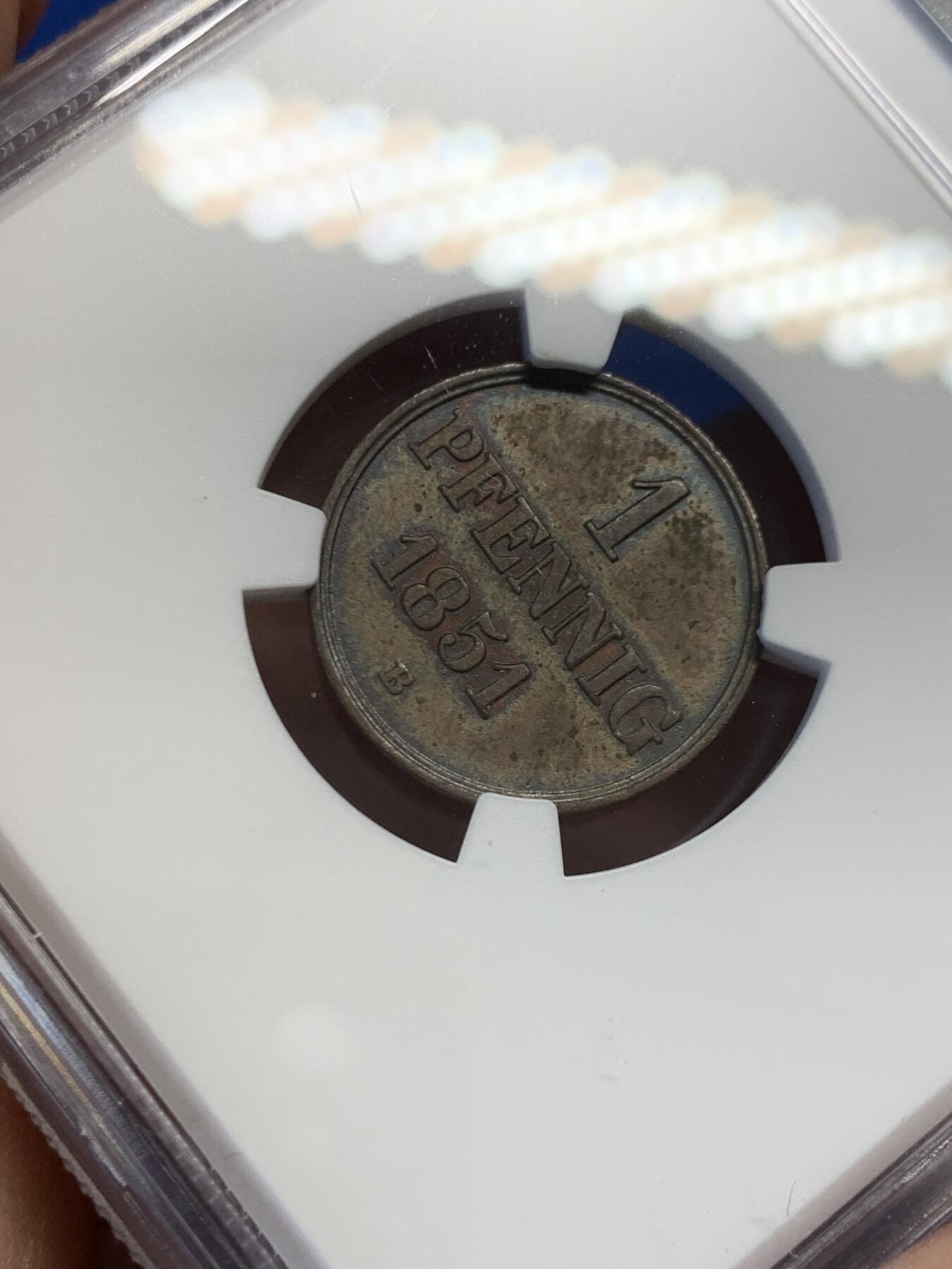 《竞宝斋》第454场 周日，周一 2场连拍 （全场包邮，欢迎送拍） NGC AU55BN 德国汉诺威 1851年1芬尼 铜币