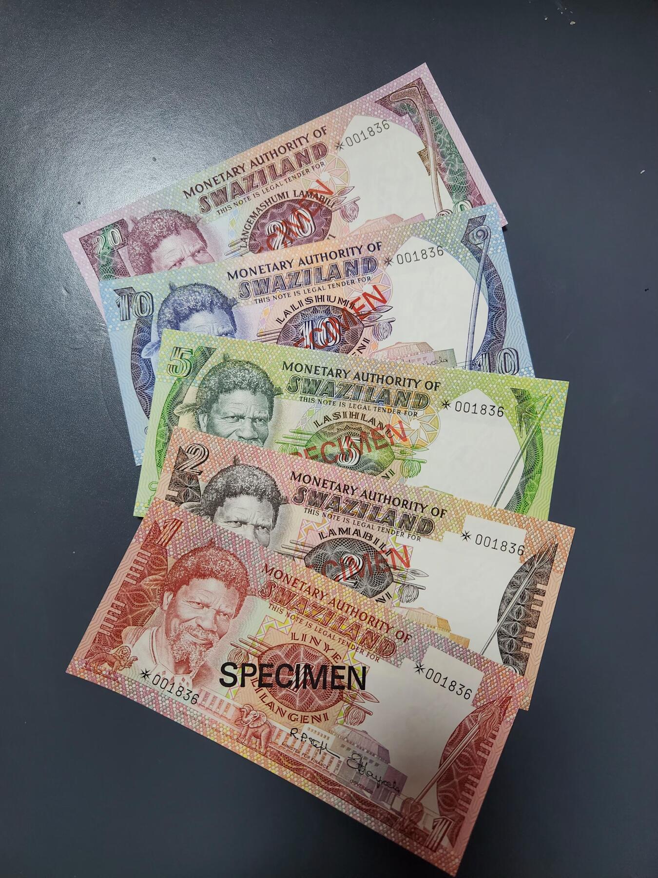 1月3号晚上8点 外国纸币自动截拍第79场 斯威士兰1-20里兰吉尼1974年5张套样钞 全新一套