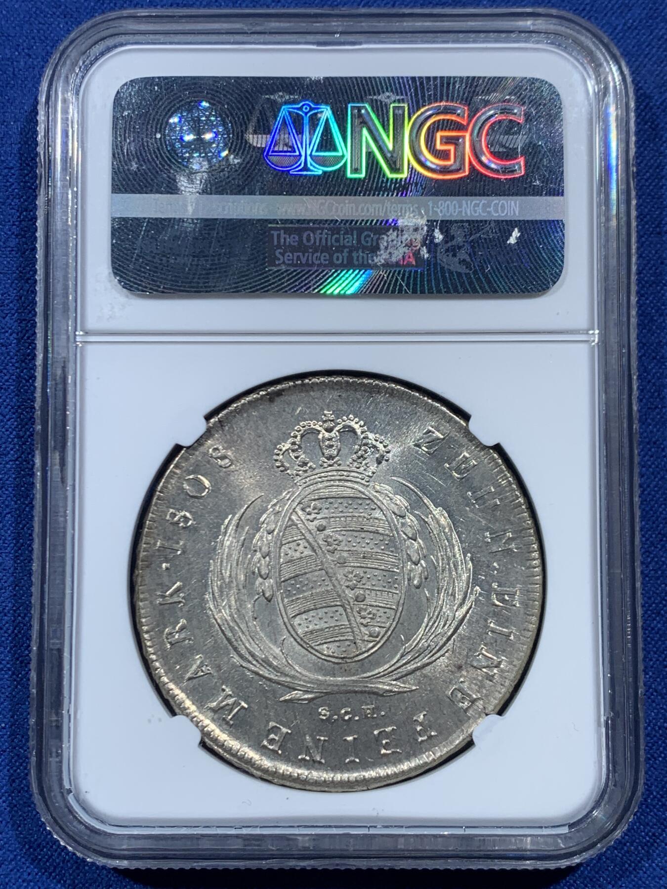 《竞宝斋》第454场 周日，周一 2场连拍 （全场包邮，欢迎送拍） 唯一冠军分 NGC MS65 德国 1808年 萨克森王国 奥古斯特一世 泰勒大银币 顶级状态