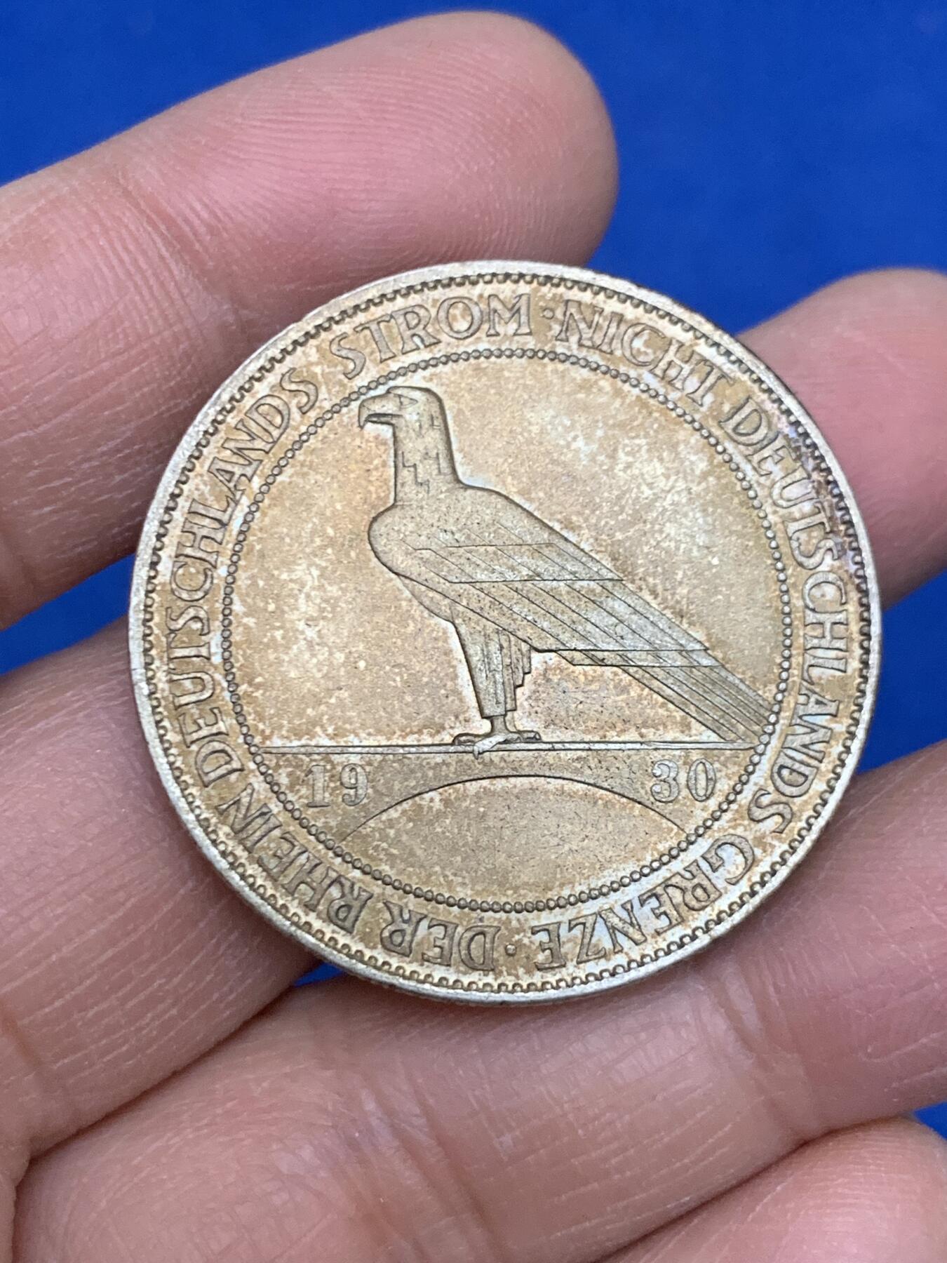 《竞宝斋》第454场 周日，周一 2场连拍 （全场包邮，欢迎送拍） 德国1930魏玛共和国鹰桥5马克银币