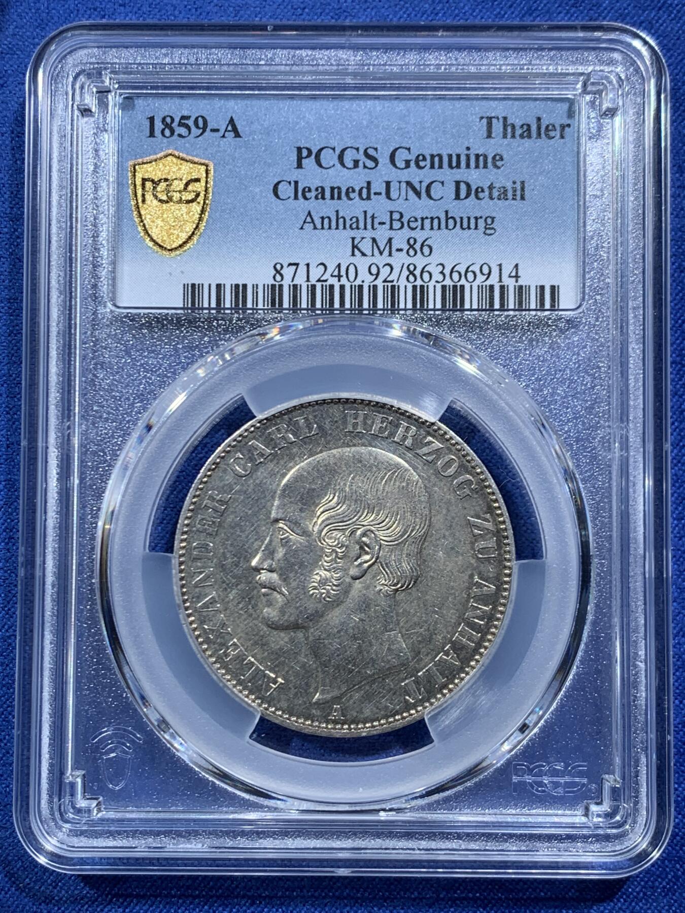 《竞宝斋》第454场 周日，周一 2场连拍 （全场包邮，欢迎送拍） PCGS UNCD 德国安哈特 1859年1泰勒 银币