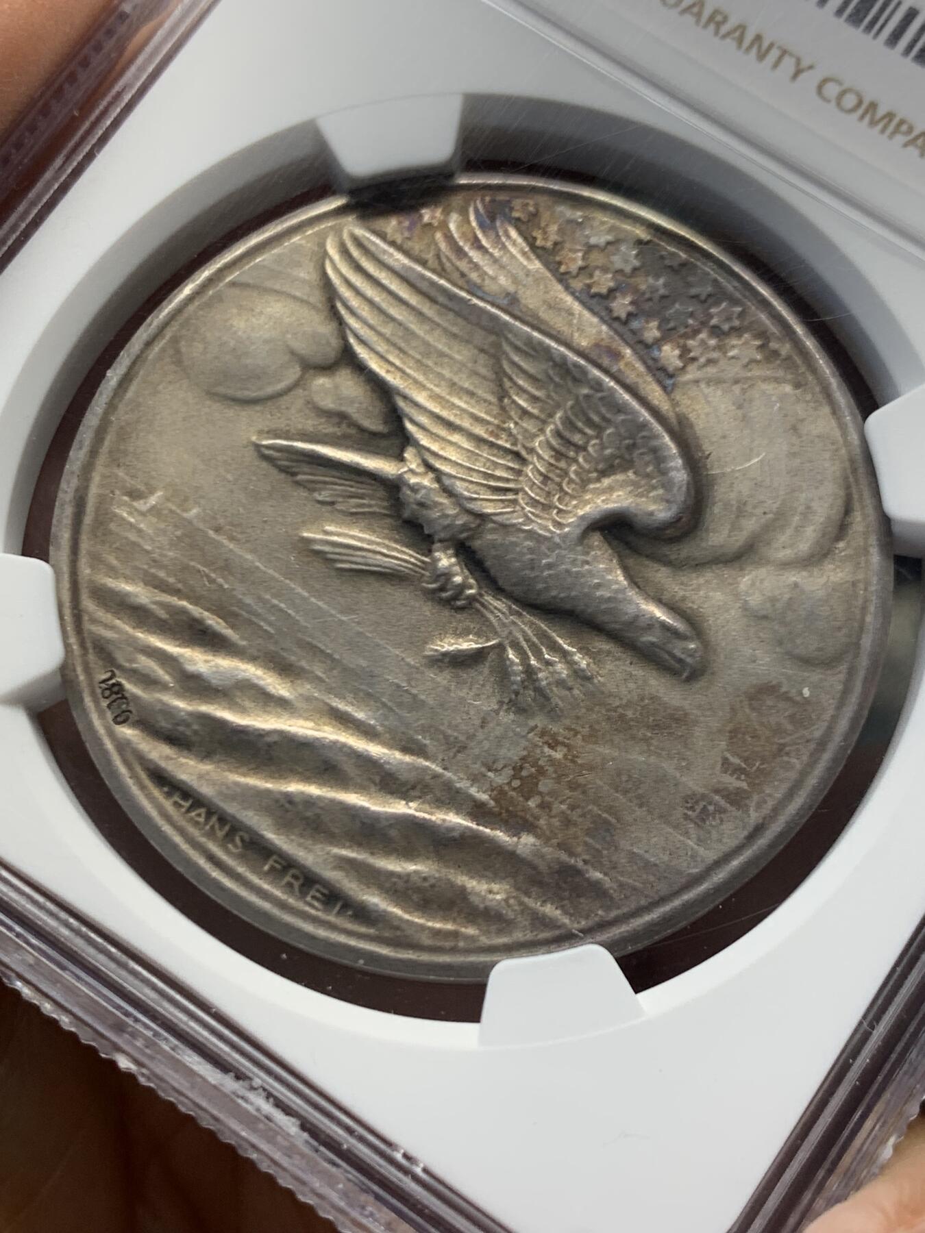 《竞宝斋》第454场 周日，周一 2场连拍 （全场包邮，欢迎送拍） NGC MS63 瑞士1918年一战感谢美国粮食援助纪念银章 原味包浆 磨砂质感 难得好品好状态