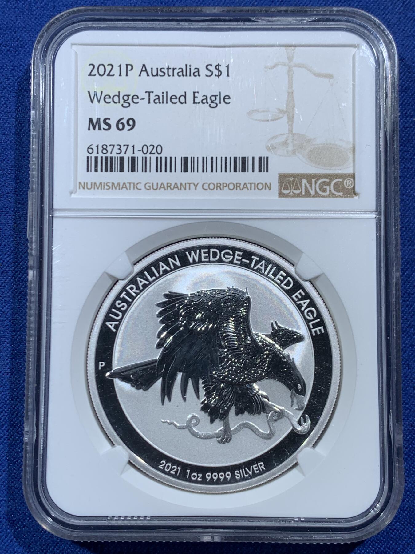《竞宝斋》第454场 周日，周一 2场连拍 （全场包邮，欢迎送拍） NGC MS69 澳大利亚2021年抓蛇的楔尾鹰一盎司银币，好品可藏