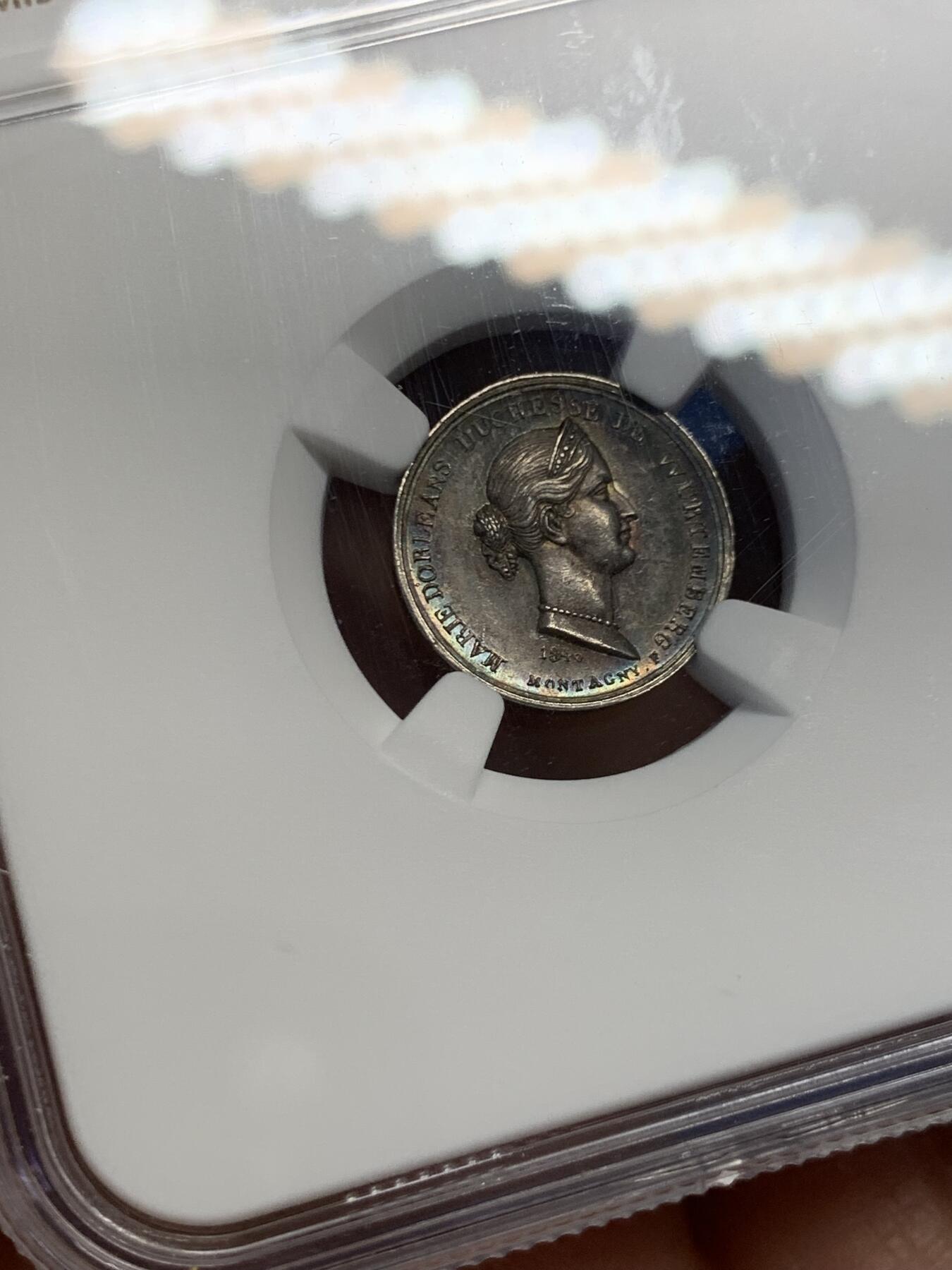 《竞宝斋》第454场 周日，周一 2场连拍 （全场包邮，欢迎送拍） NGC MS61 德国 1840年 法国王室成员玛丽奥尔良逝世纪念银章 背面为圣女贞德雕像 极少见题材 传世五彩包浆 很精致的一枚