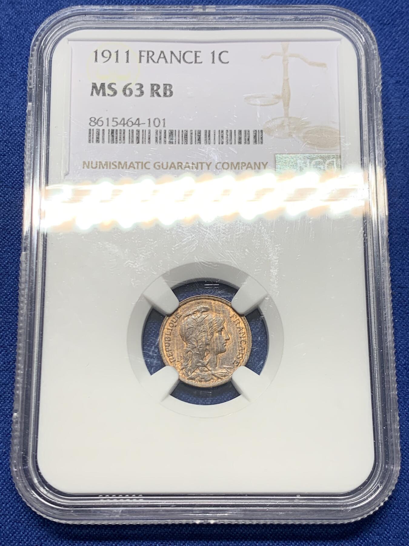 《竞宝斋》第454场 周日，周一 2场连拍 （全场包邮，欢迎送拍） NGC MS63RB 法国1911年1分铜币