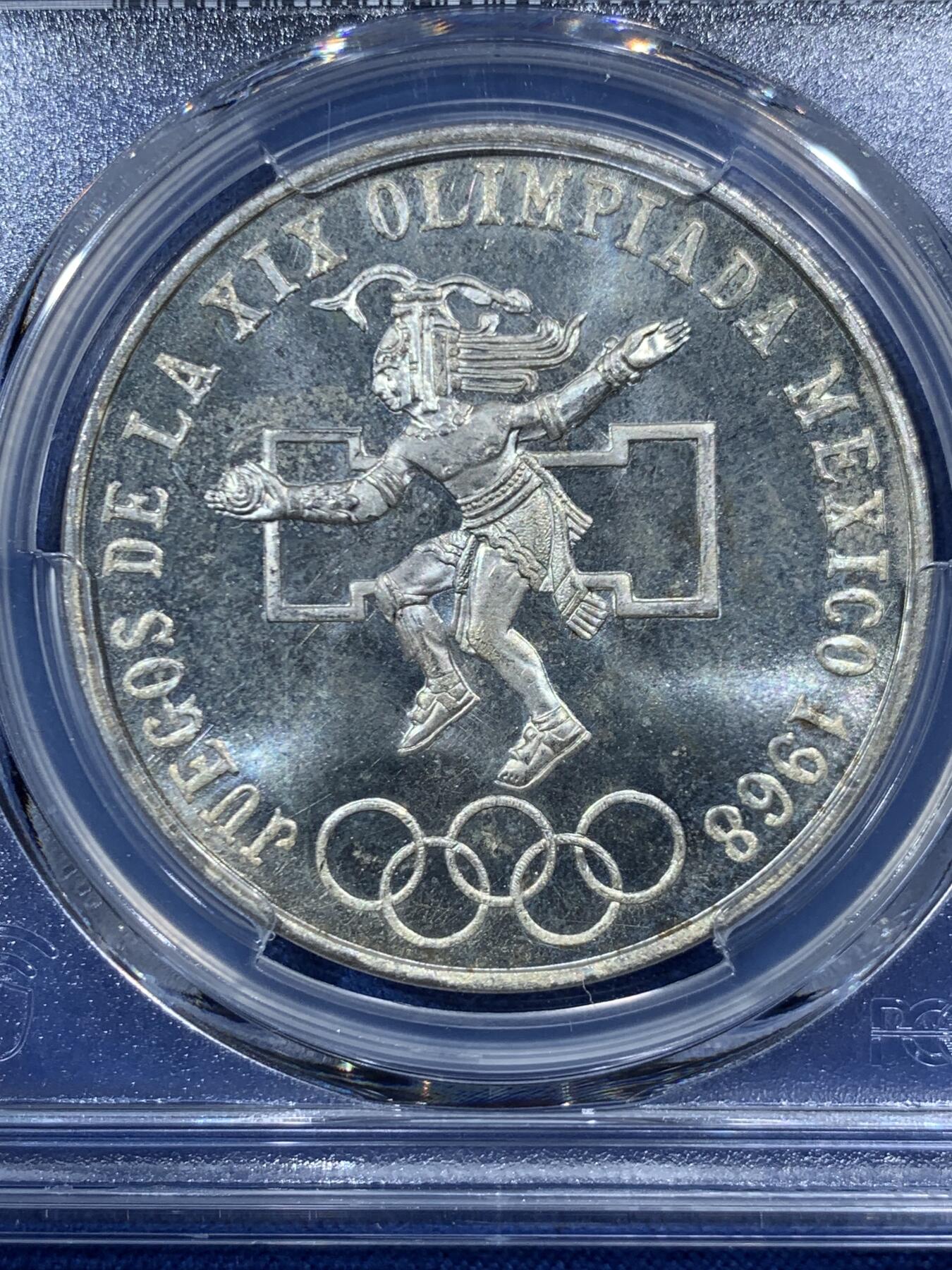 《竞宝斋》第454场 周日，周一 2场连拍 （全场包邮，欢迎送拍） PCGS MS67 墨西哥1968年25比索奥运纪念 经典品种 卷拆品高分，两面爆光银光赏心悦目适合收藏