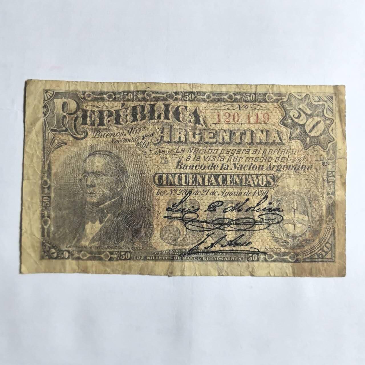 各国外币第107期 无佣金  阿根廷50分 1891年 早期纸币较稀少