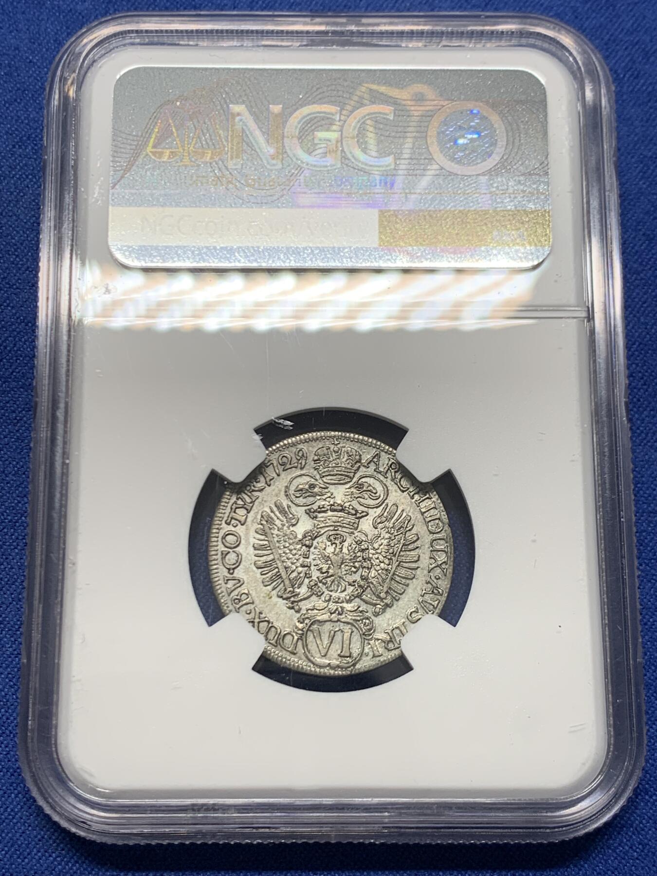 《竞宝斋》第454场 周日，周一 2场连拍 （全场包邮，欢迎送拍） NGC AU58 神圣罗马帝国 1729年 奥地利卡尔六世 6克鲁泽银币 辅币好品比起泰勒更为难得