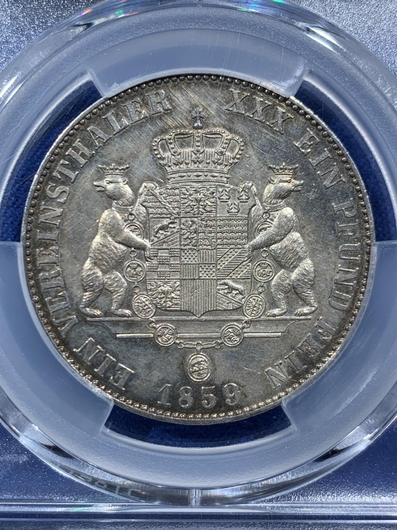 《竞宝斋》第454场 周日，周一 2场连拍 （全场包邮，欢迎送拍） PCGS UNCD 德国安哈特 1859年1泰勒 银币