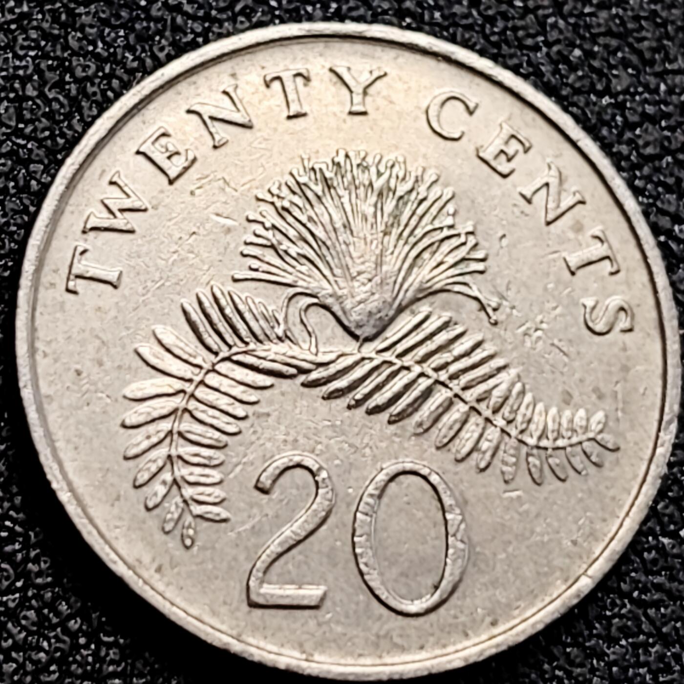 泉币菌-第162场- 新年第五场 精品福利场 1991 高币值 新加坡20分 绒球花 高盾徽版 直径21.36mm