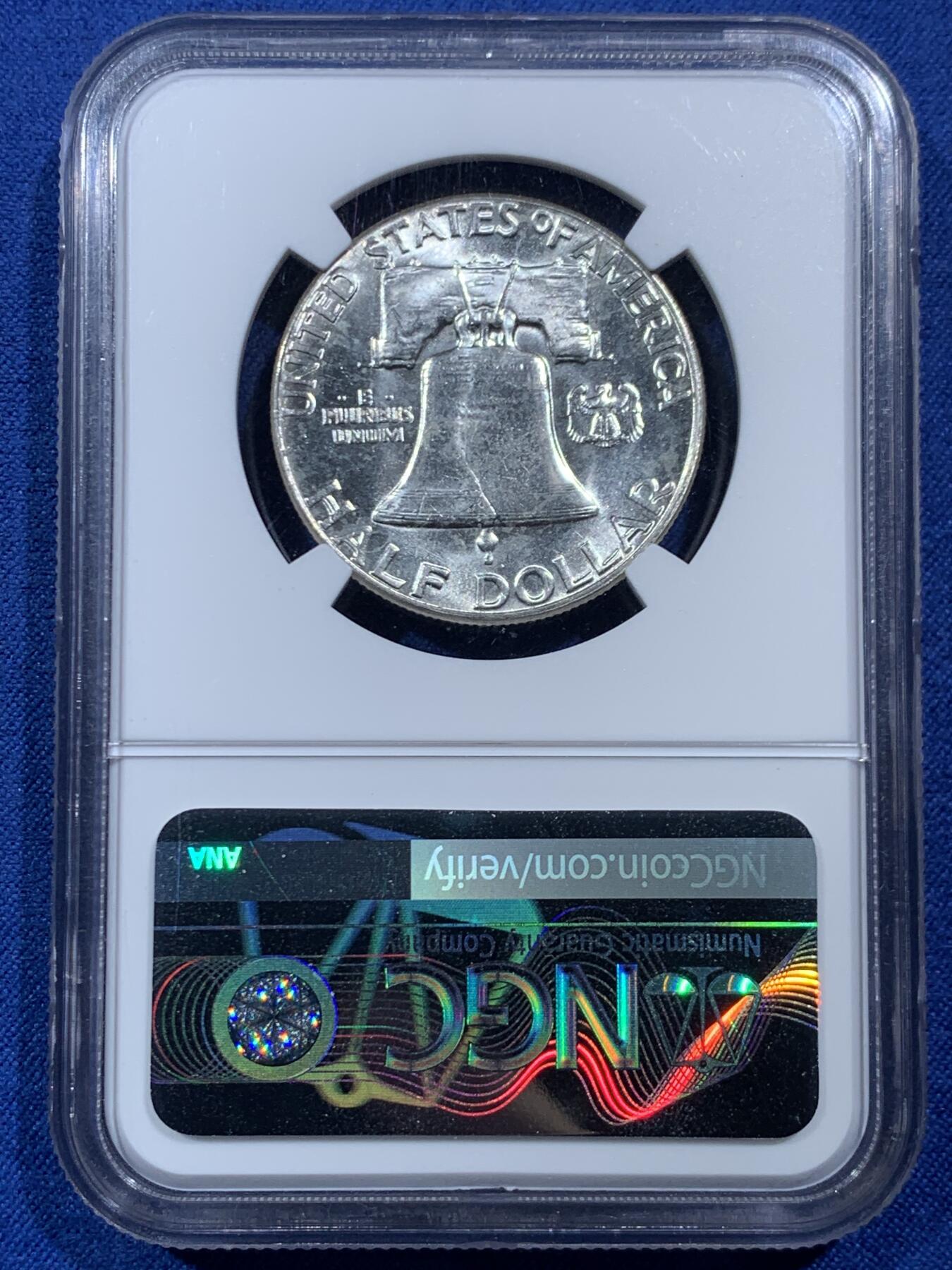 《竞宝斋》第454场 周日，周一 2场连拍 （全场包邮，欢迎送拍） NGC MS64 美国 1963年 半美元  富兰克林 经典品种 特色图案