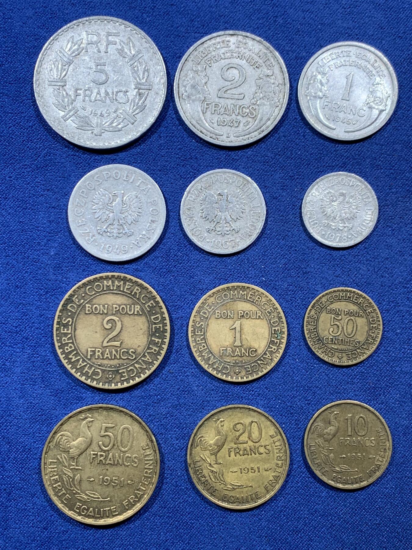 《竞宝斋》第454场 周日，周一 2场连拍 （全场包邮，欢迎送拍） 12枚一组 法国钱币 各面值 细节见图