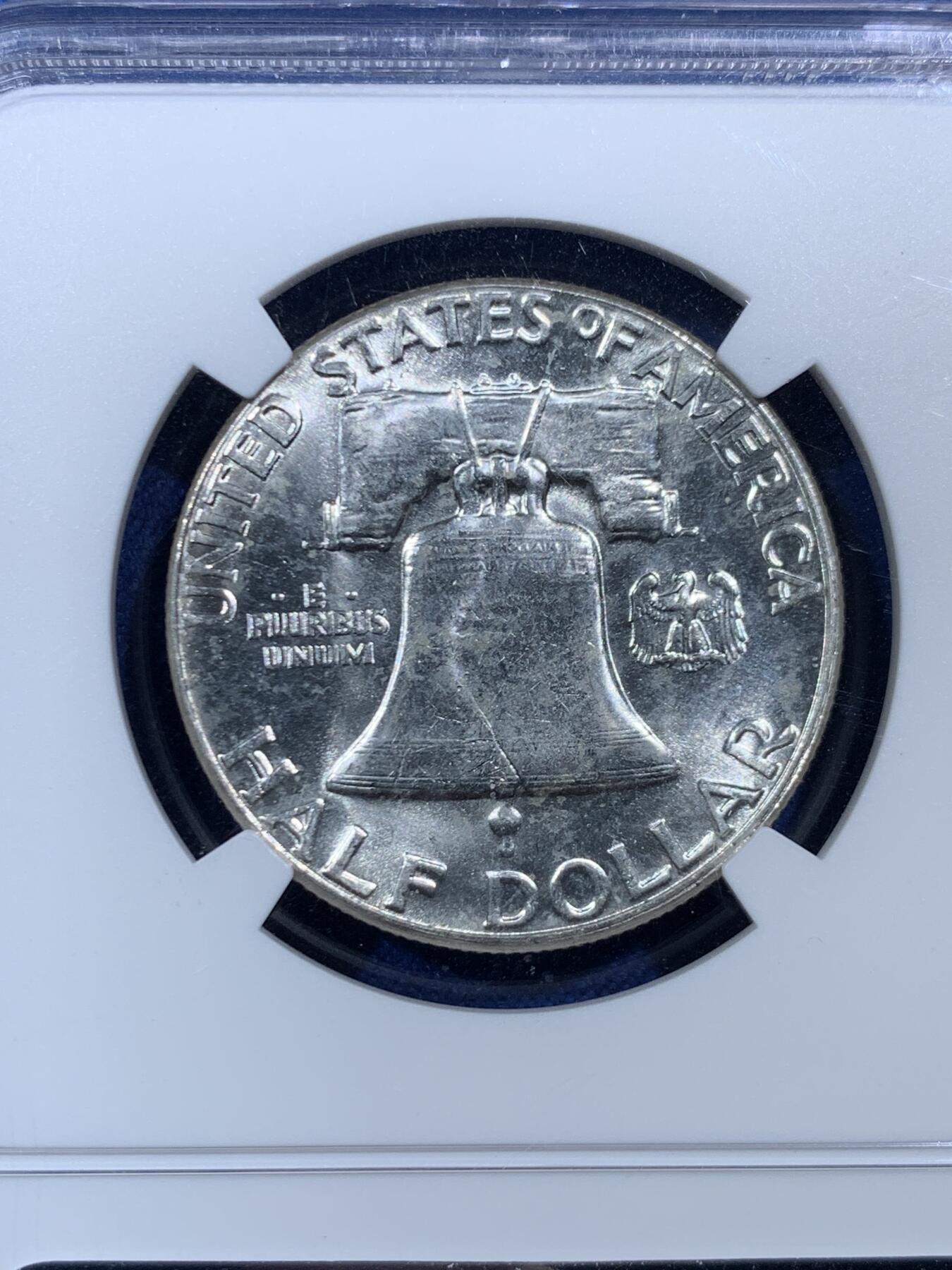 《竞宝斋》第454场 周日，周一 2场连拍 （全场包邮，欢迎送拍） NGC MS64 美国 1963年 半美元  富兰克林 经典品种 特色图案