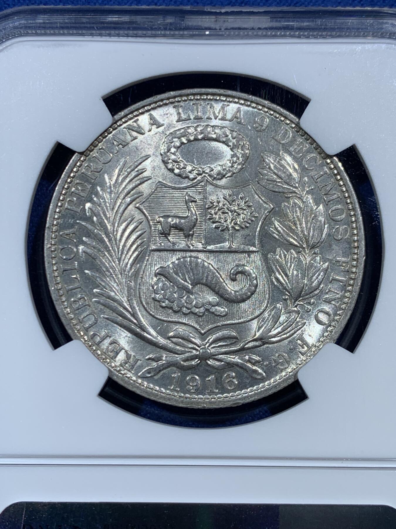 《竞宝斋》第454场 周日，周一 2场连拍 （全场包邮，欢迎送拍） NGC MS62 秘鲁1916年坐人女神1索尔银币 INCUSE版别较少 早期900高银版 白净底板  非常值得入手