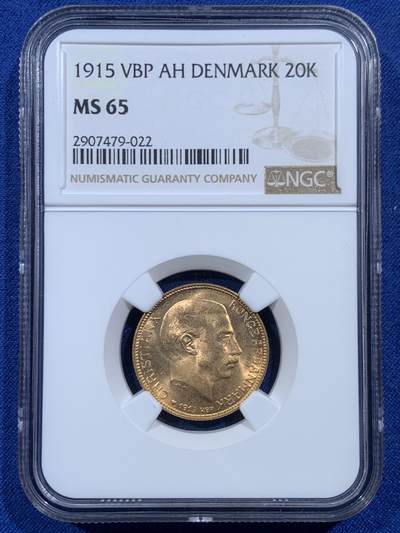 《竞宝斋》第454场 周日，周一 2场连拍 （全场包邮，欢迎送拍） - NGC MS65 丹麦1915年克里斯蒂安十世20克朗金币 8.96克 900金