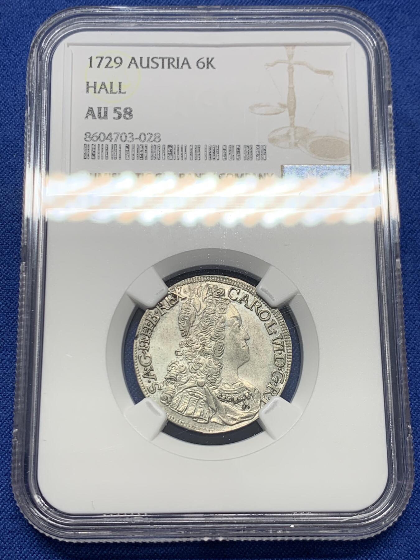 《竞宝斋》第454场 周日，周一 2场连拍 （全场包邮，欢迎送拍） NGC AU58 神圣罗马帝国 1729年 奥地利卡尔六世 6克鲁泽银币 辅币好品比起泰勒更为难得