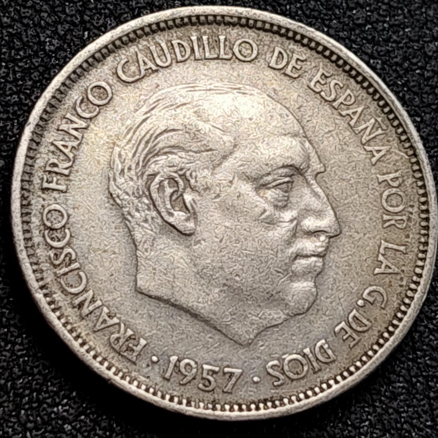 泉币菌-第162场- 新年第五场 精品福利场 弗朗西斯科佛朗哥 西班牙1957年25比塞塔銅镍硬币26.5mm8.5g