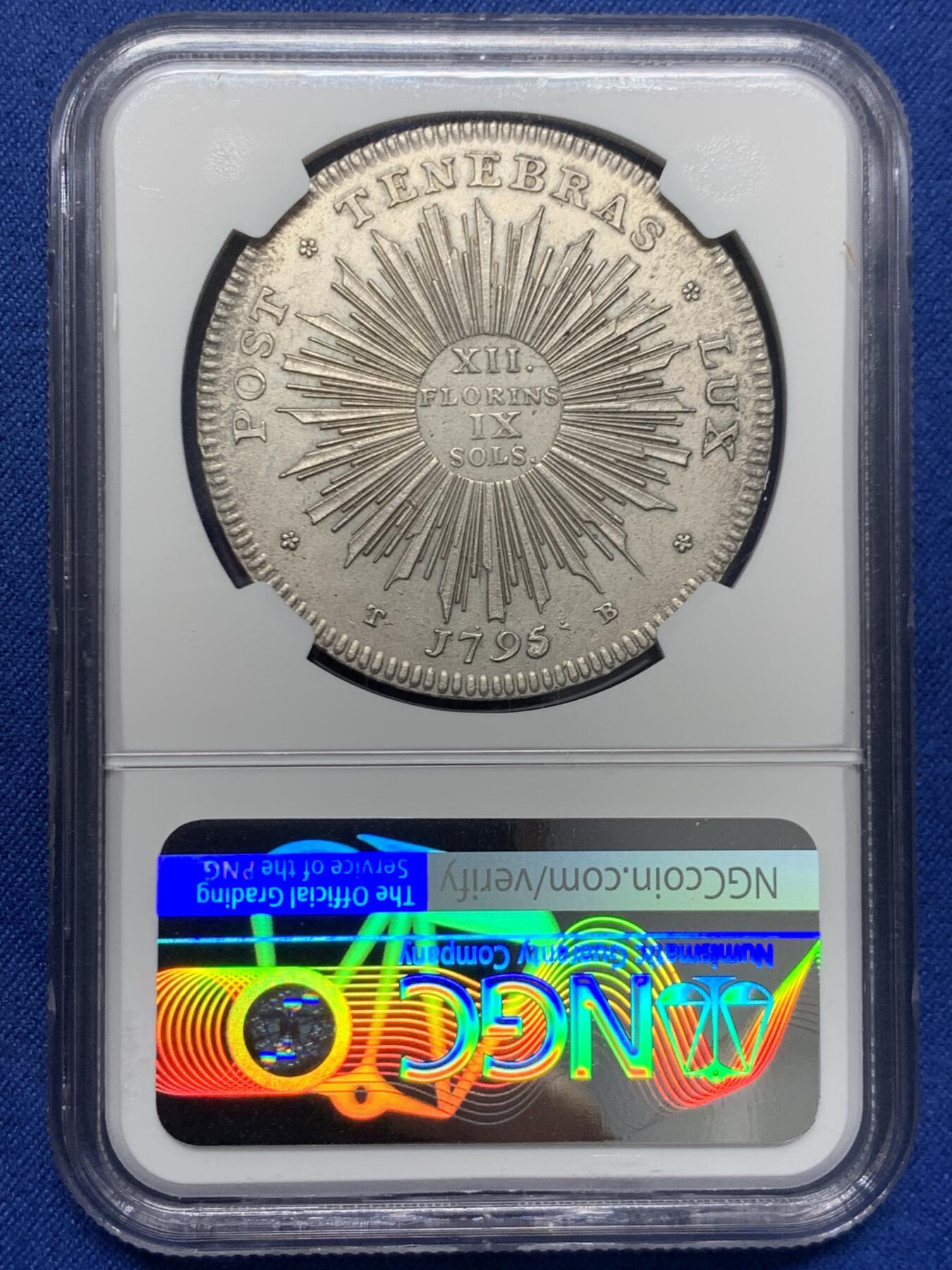 《竞宝斋》第454场 周日，周一 2场连拍 （全场包邮，欢迎送拍） NGC UNC 瑞士 1795年 日内瓦12福林(1泰勒)大银币 单一年份 发行仅2.1万枚 难遇品种