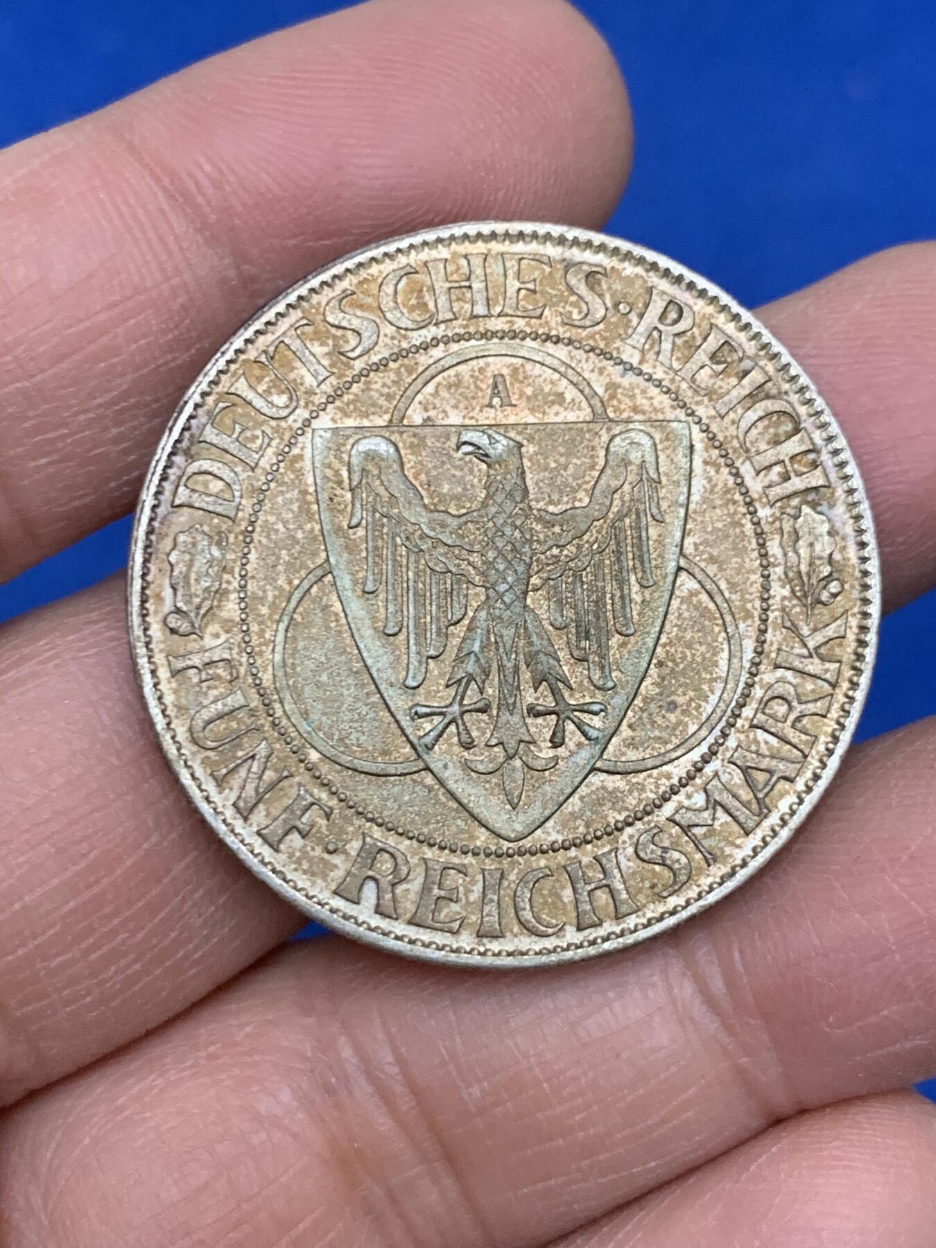 《竞宝斋》第454场 周日，周一 2场连拍 （全场包邮，欢迎送拍） 德国1930魏玛共和国鹰桥5马克银币