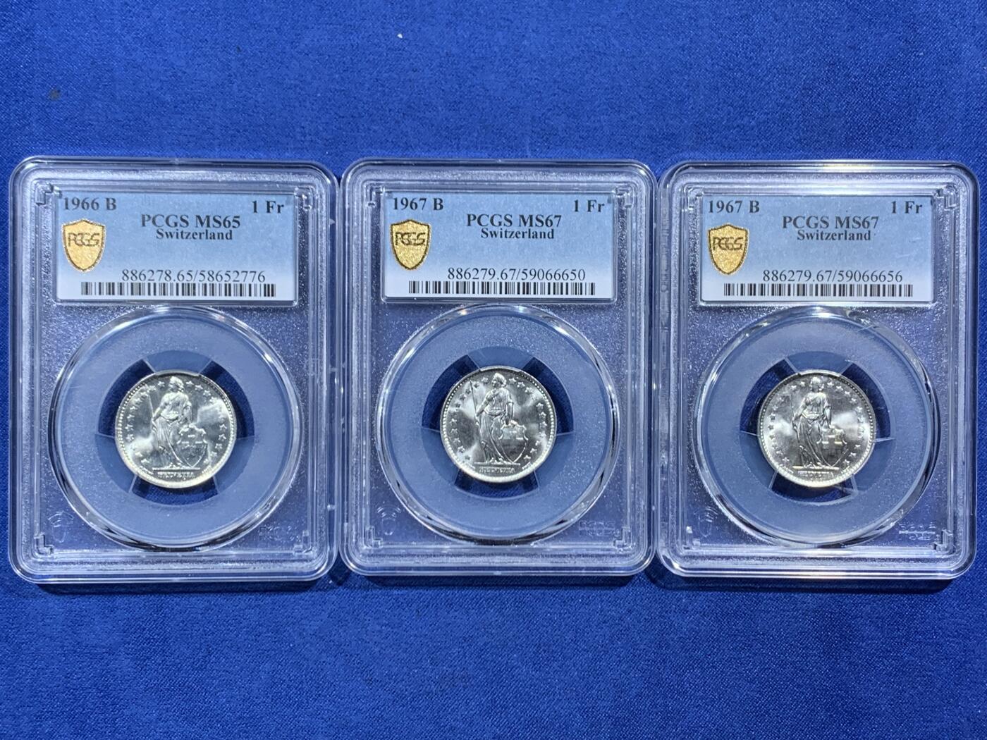 《竞宝斋》第454场 周日，周一 2场连拍 （全场包邮，欢迎送拍） 三枚一组 PCGS MS65-67 瑞士雪山女神1法郎银币 1966年+1967年