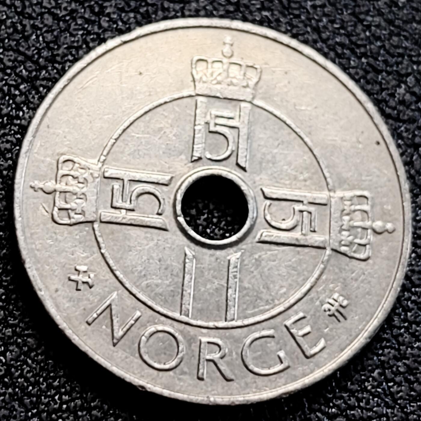 泉币菌-第163场-新年第六场 精品福利场 1997年 哈拉尔五世小鸟 挪威1克朗圆孔铜镍硬币 21.0毫米 4.3克