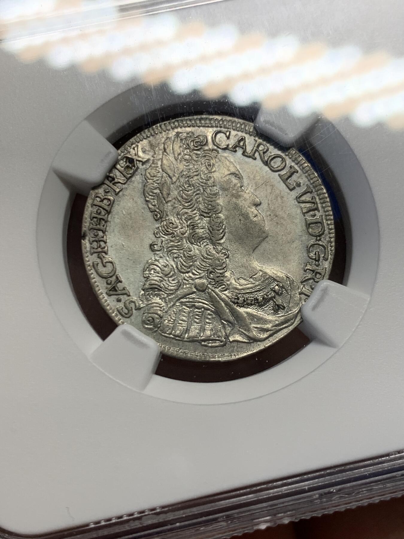 《竞宝斋》第454场 周日，周一 2场连拍 （全场包邮，欢迎送拍） NGC AU58 神圣罗马帝国 1729年 奥地利卡尔六世 6克鲁泽银币 辅币好品比起泰勒更为难得